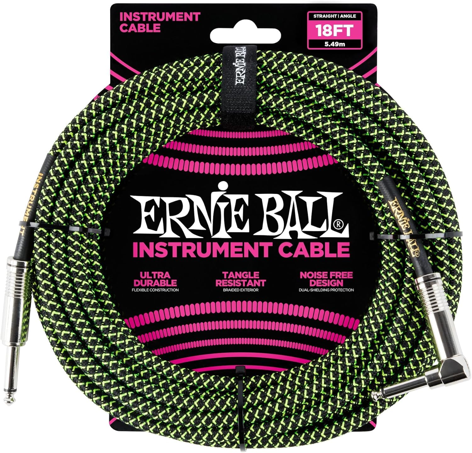 Ernie Ball Braided Instrument Cable Set Straight/Angle Length 18ft in Neon Green/Black (P06082) - Pack of 2 - Image 2