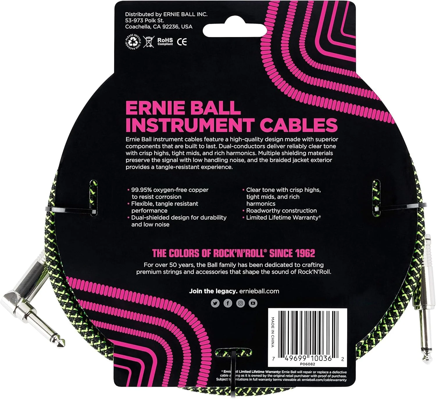 Ernie Ball Braided Instrument Cable Set Straight/Angle Length 18ft in Neon Green/Black (P06082) - Pack of 2 - Image 3