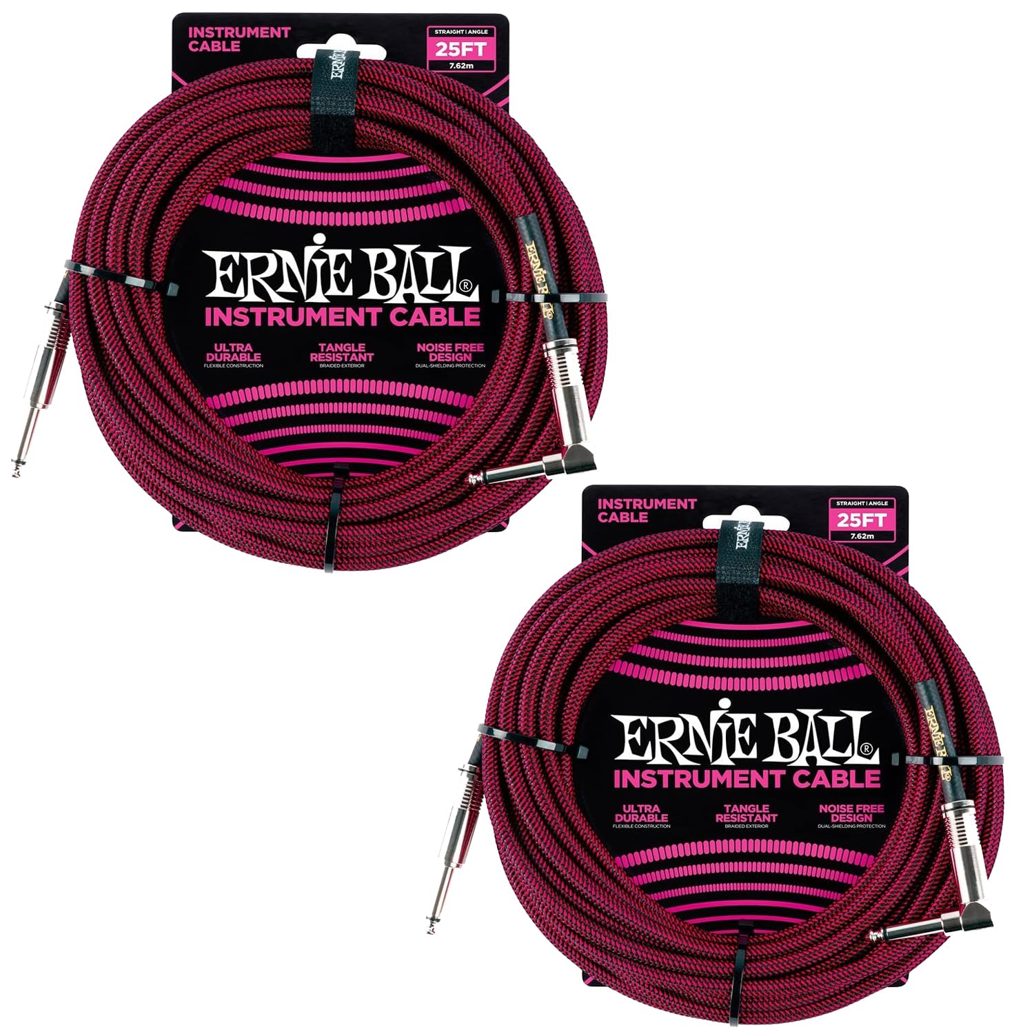 Ernie Ball Braided Instrument Cable Set Straight/Angle Length 25ft in Red/Black (P06062) - Pack of 2
