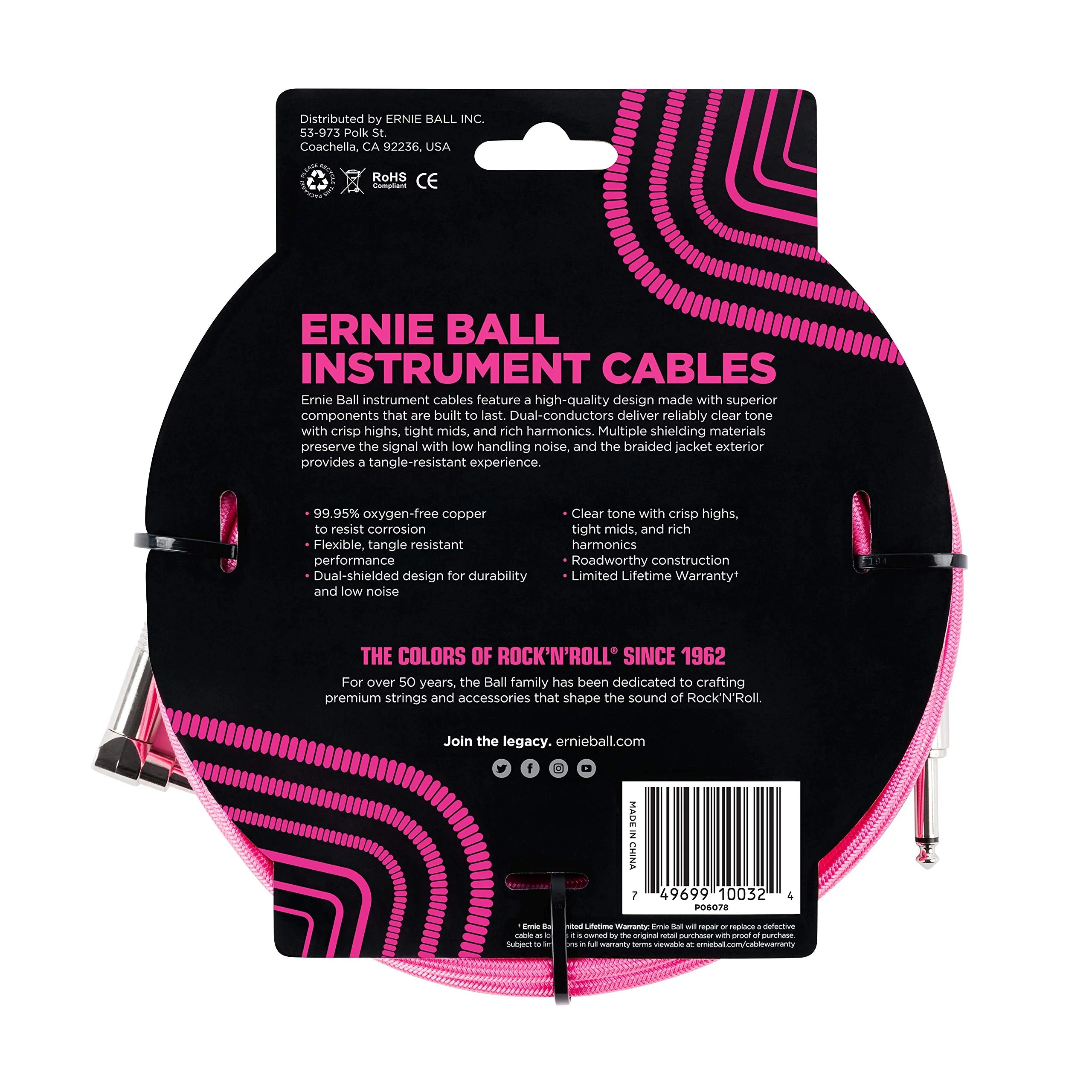 Ernie Ball Braided Instrument Cable, Straight/Angle, 10ft, Neon Pink (P06078) - Image 2
