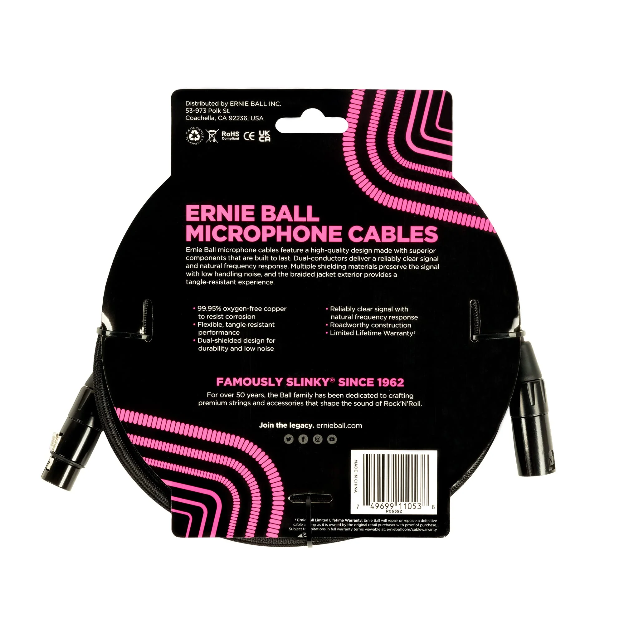 Ernie Ball Braided XLR Mircrophone Cable, 20ft, Black (P06392) Braided Black 20 feet - Image 2