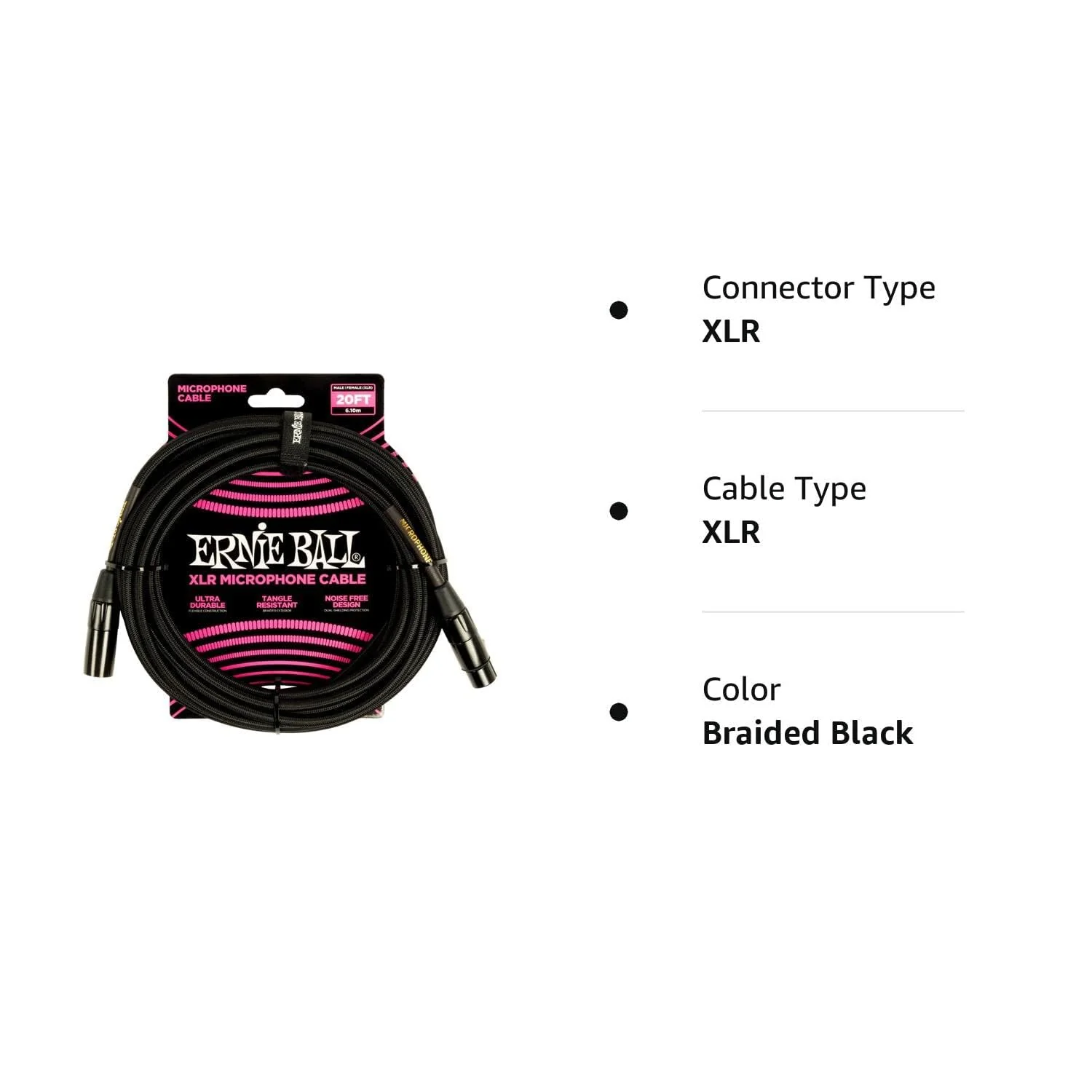Ernie Ball Braided XLR Mircrophone Cable, 20ft, Black (P06392) Braided Black 20 feet - Image 4