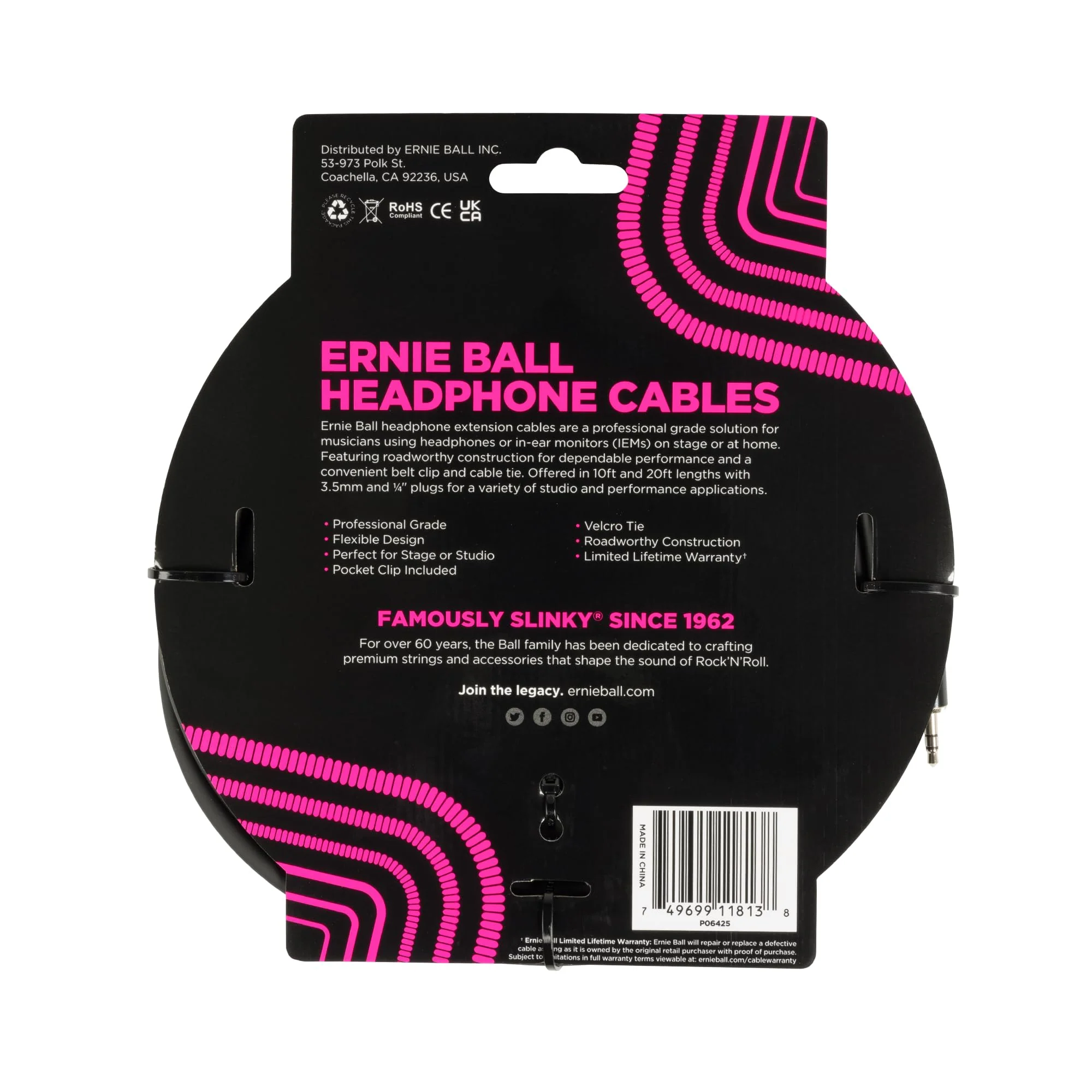 Ernie Ball Headphone Extension Cable 3.5mm to 3.5mm 20ft - Black 20 feet - Image 2