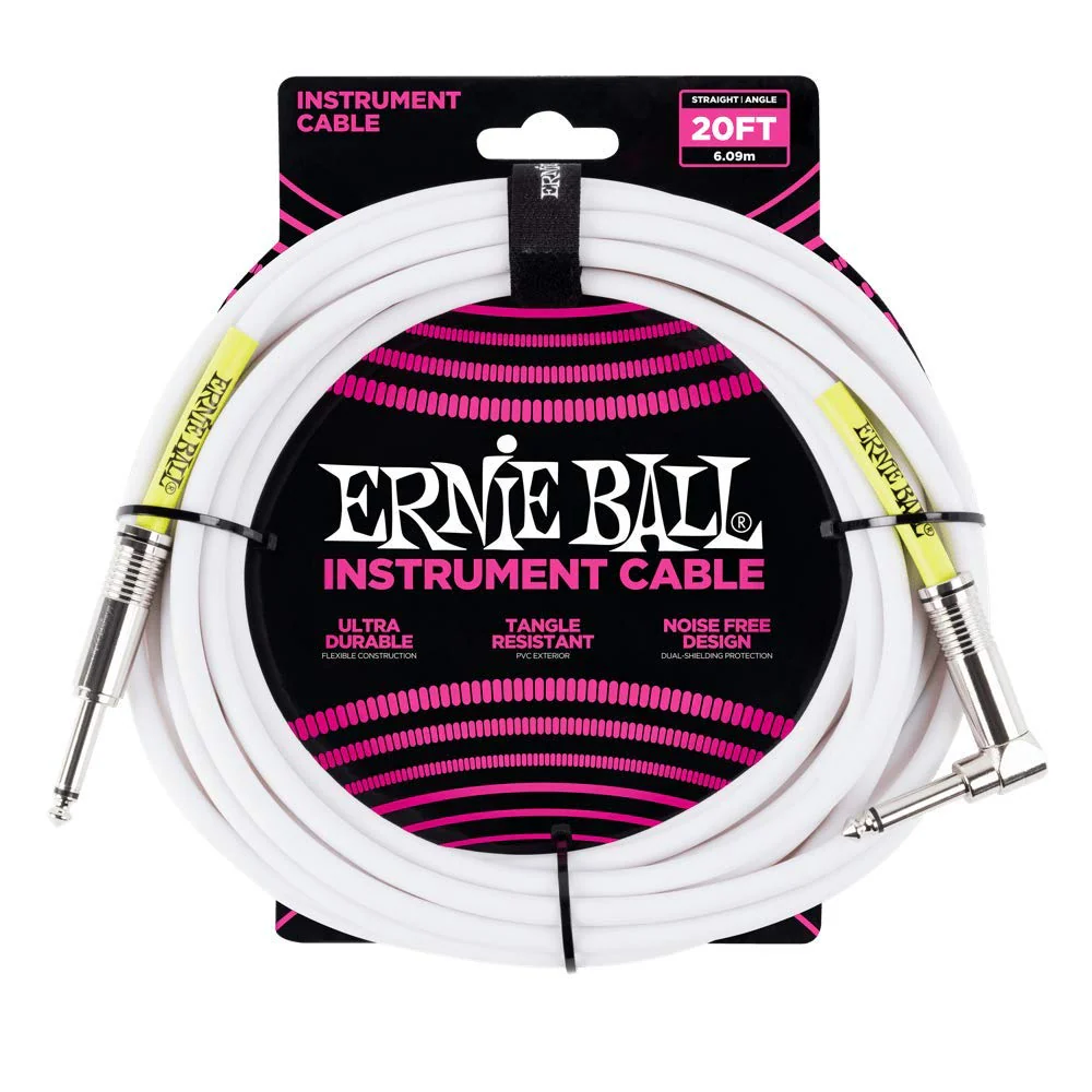 Ernie Ball Instrument Cable, Straight/Angle, 20ft, White (P06047) 20 feet