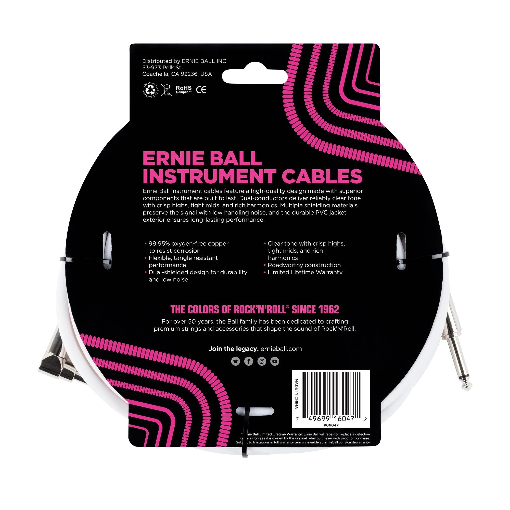 Ernie Ball Instrument Cable, Straight/Angle, 20ft, White (P06047) 20 feet - Image 2