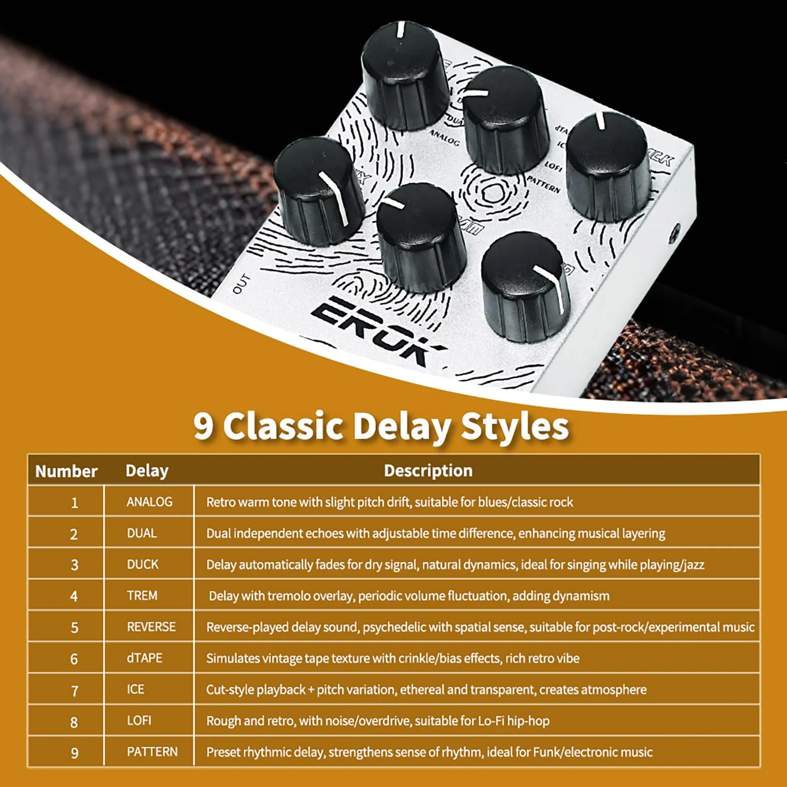 EROK Digital Delay Guitar Pedal - 9 Modes (Analog/Reverse/dTAPE/Ice) with TAP Tempo & FREEZE, Max 3000ms Delay | Fits Blues/Rock/Jazz/Post - Rock - Image 3