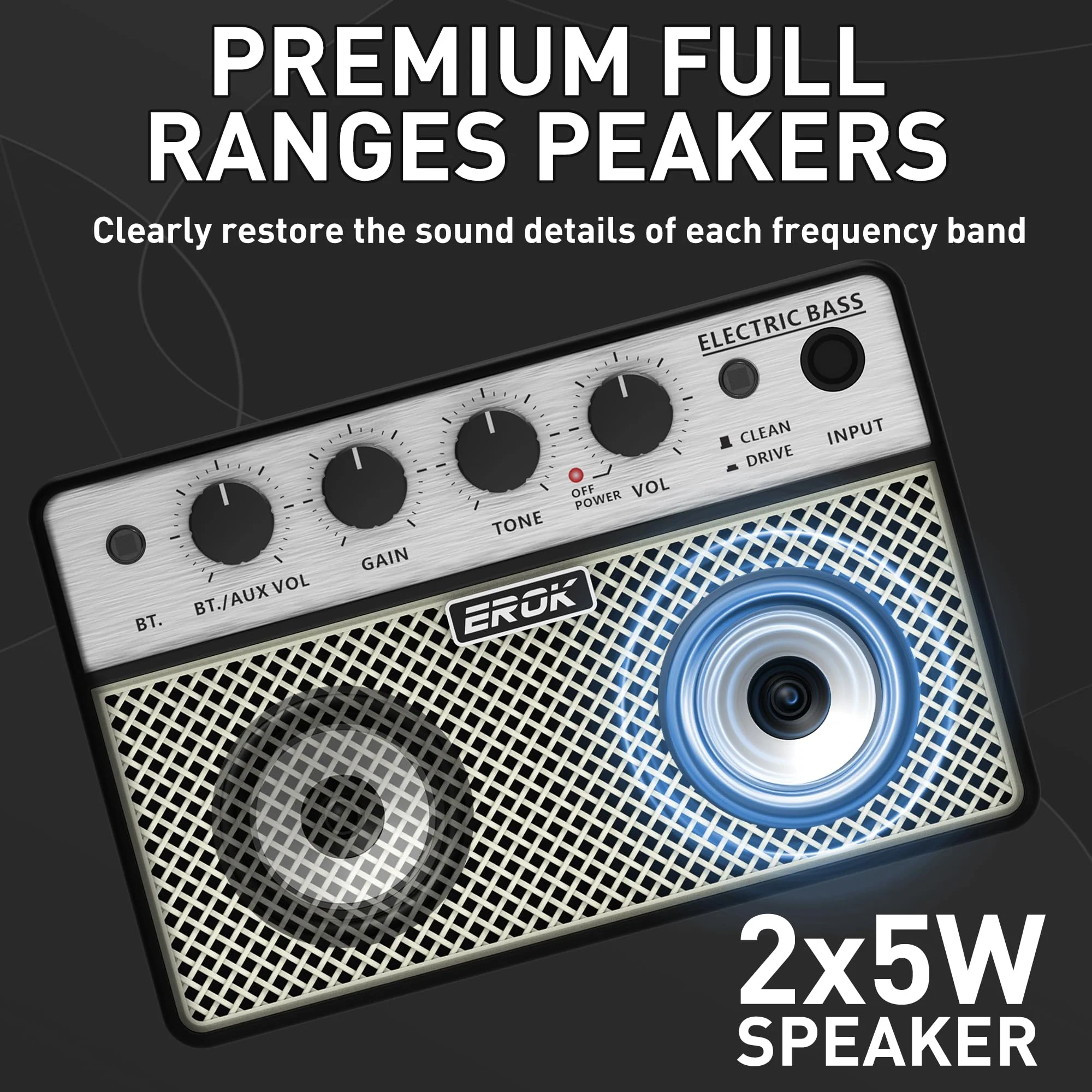 EROK Mini Bass Amp, Portable Amplifier with Clean/Drive Dual Channels, 3.5mm Headphone/AUX Input, Compact Design for Practice & Small Gigs - Image 2