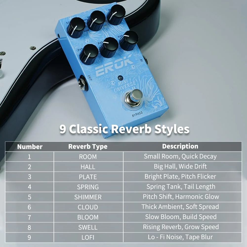 EROK Reverb Pedal – 9 Reverb Effects (Room, Hall, Plate, Spring, Shimmer, Cloud, Bloom, Swell, LoFi) for Electric Guitar, Bass & Piano - Image 3