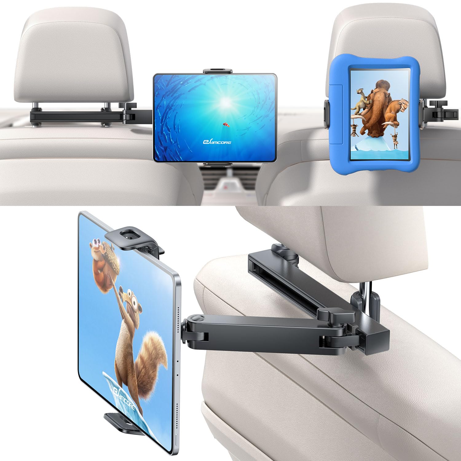 eSamcore Headrest Tablet Holder for car, Back Seat [3 in 1 Extension Arm] Fit iPad Car Mount Road Trip Essentials for Kid Backseat Car Accessories for 4.7"-11" iPad Pro, Air, Mini, Fire HD Tablet Foldable headrest tablet holder