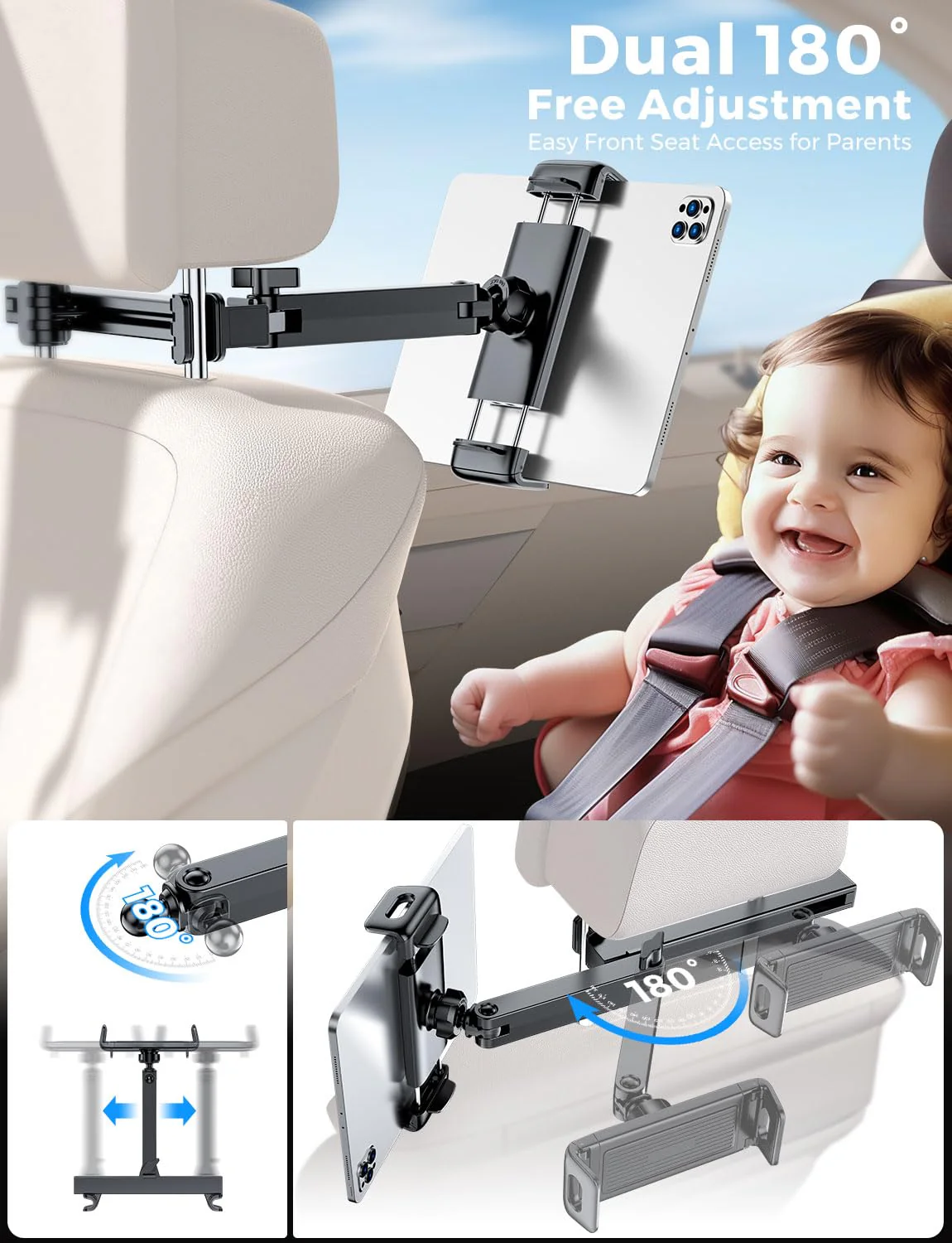 eSamcore Headrest Tablet Holder for car, Back Seat [3 in 1 Extension Arm] Fit iPad Car Mount Road Trip Essentials for Kid Backseat Car Accessories for 4.7"-11" iPad Pro, Air, Mini, Fire HD Tablet Foldable headrest tablet holder - Image 3