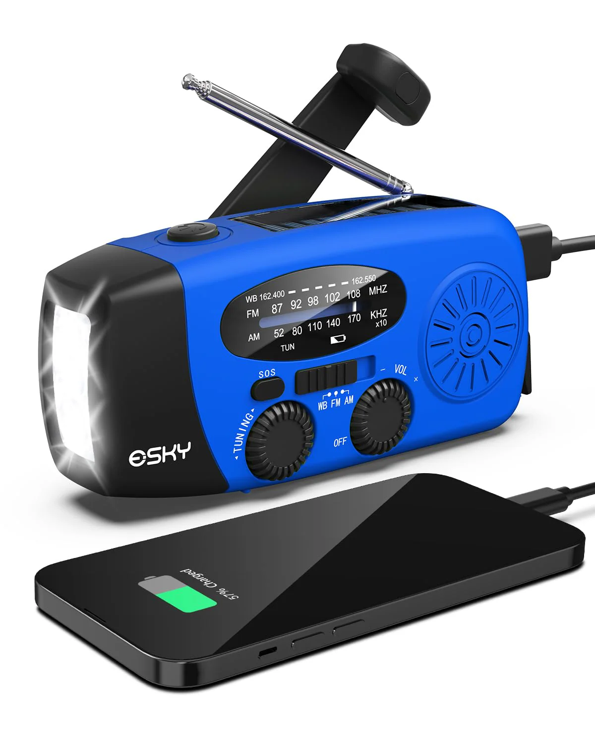 Esky Emergency Hand Crank Radio with 3 LED Flashlight, AM/FM/NOAA Portable Weather Radio with 2000mAh Power Bank Phone Charger, Solar Powered USB Rechargeable Radio for Indoor Outdoor Camping, Blue