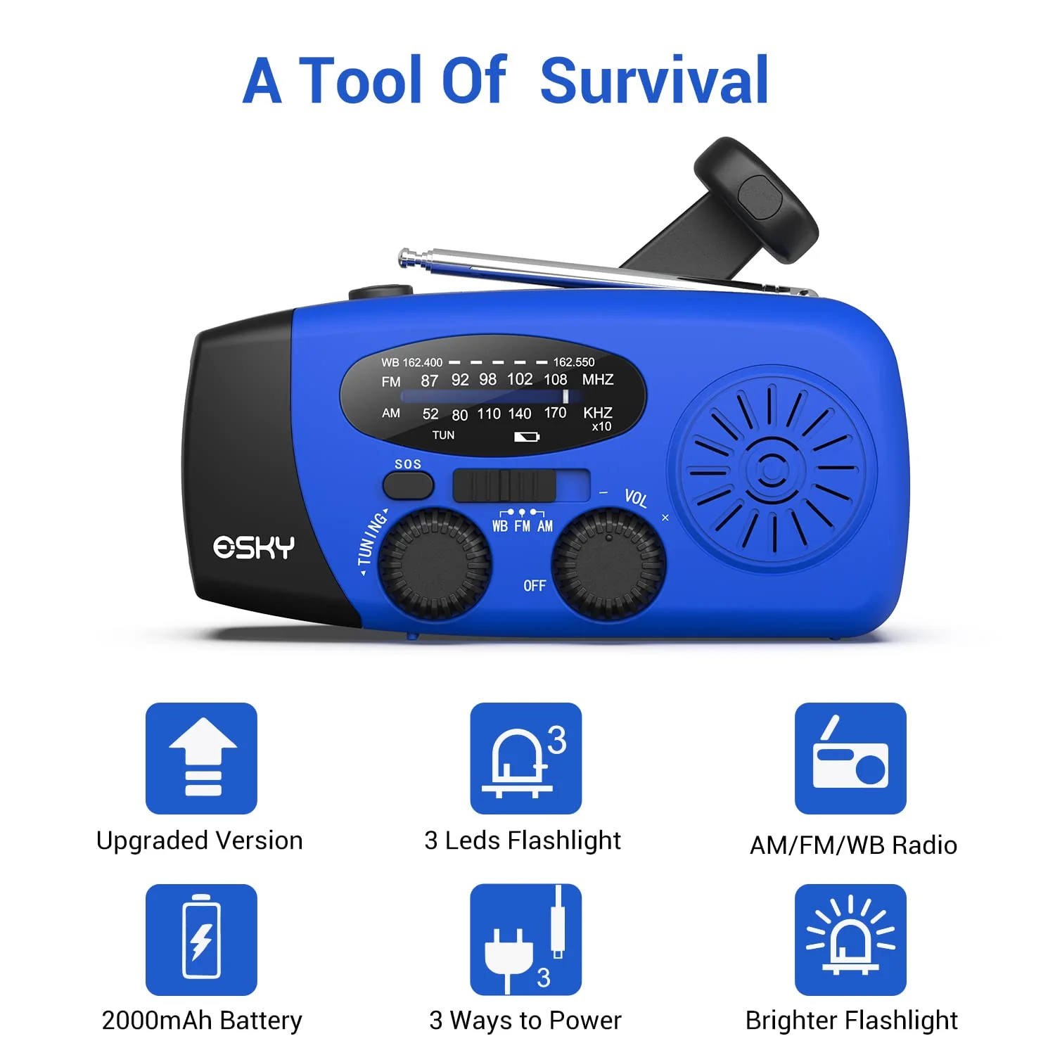 Esky Emergency Hand Crank Radio with 3 LED Flashlight, AM/FM/NOAA Portable Weather Radio with 2000mAh Power Bank Phone Charger, Solar Powered USB Rechargeable Radio for Indoor Outdoor Camping, Blue - Image 9