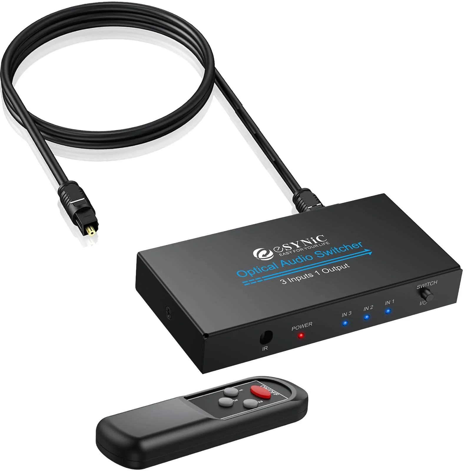 eSynic Portable Digital Optical Audio Switcher 3 In1 Out SPDIF Switcher Aluminum Alloy TOSLINK Audio Switch with 3.28ft Optical Cable Support IR Remote Control from PS4 Blue-Ray DVD HDTV to Soundbar