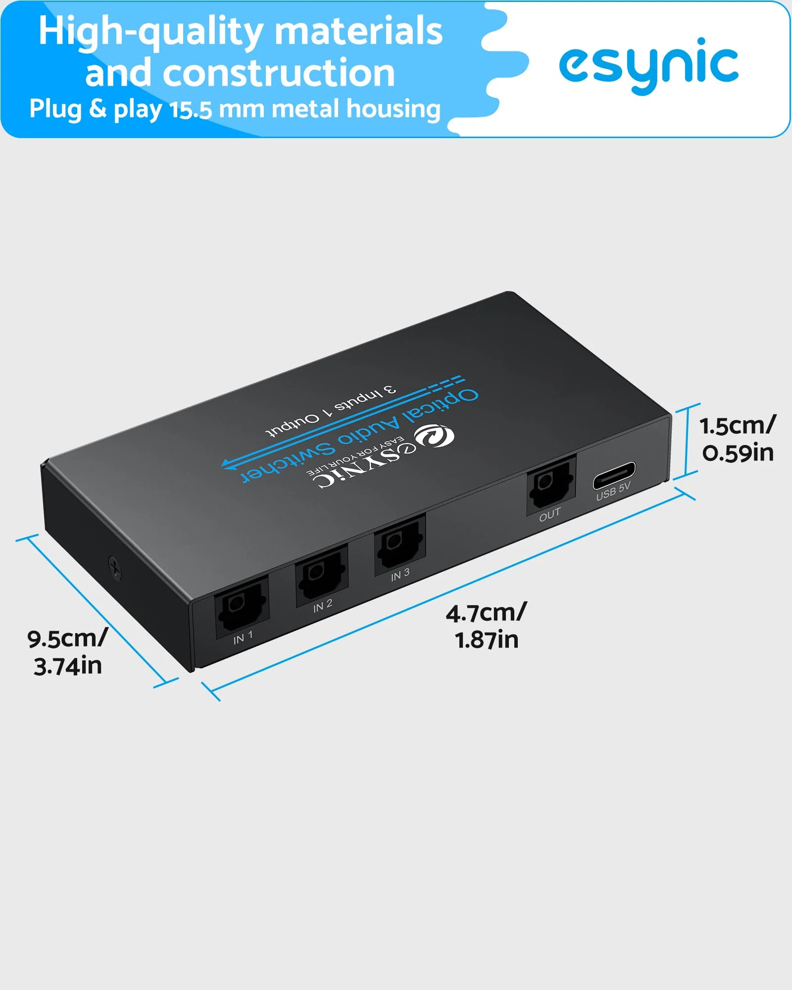 eSynic Portable Digital Optical Audio Switcher 3 In1 Out SPDIF Switcher Aluminum Alloy TOSLINK Audio Switch with 3.28ft Optical Cable Support IR Remote Control from PS4 Blue-Ray DVD HDTV to Soundbar - Image 2