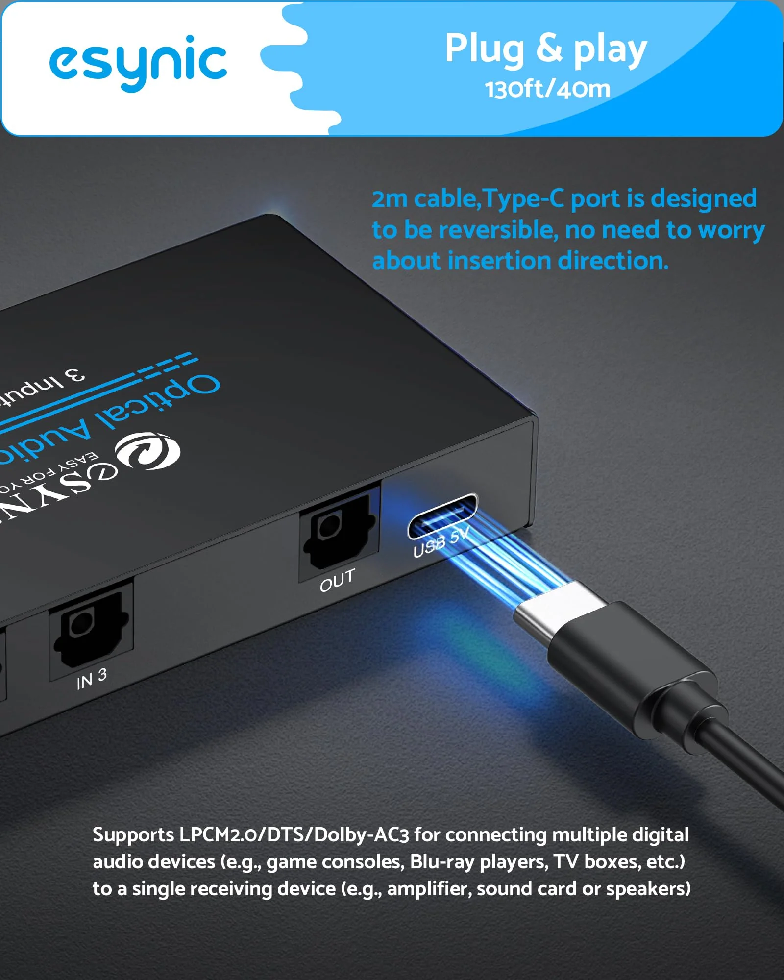 eSynic Portable Digital Optical Audio Switcher 3 In1 Out SPDIF Switcher Aluminum Alloy TOSLINK Audio Switch with 3.28ft Optical Cable Support IR Remote Control from PS4 Blue-Ray DVD HDTV to Soundbar - Image 4