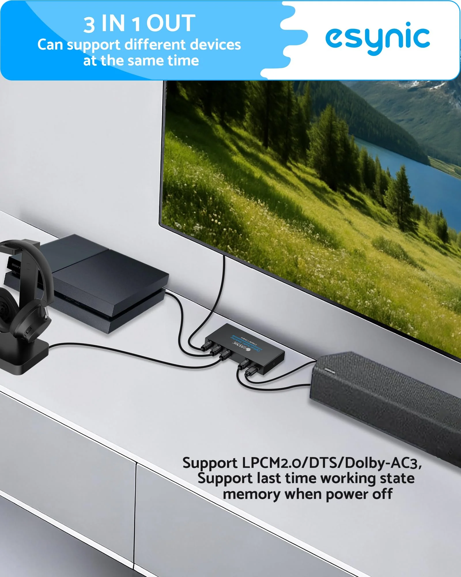 eSynic Portable Digital Optical Audio Switcher 3 In1 Out SPDIF Switcher Aluminum Alloy TOSLINK Audio Switch with 3.28ft Optical Cable Support IR Remote Control from PS4 Blue-Ray DVD HDTV to Soundbar - Image 7