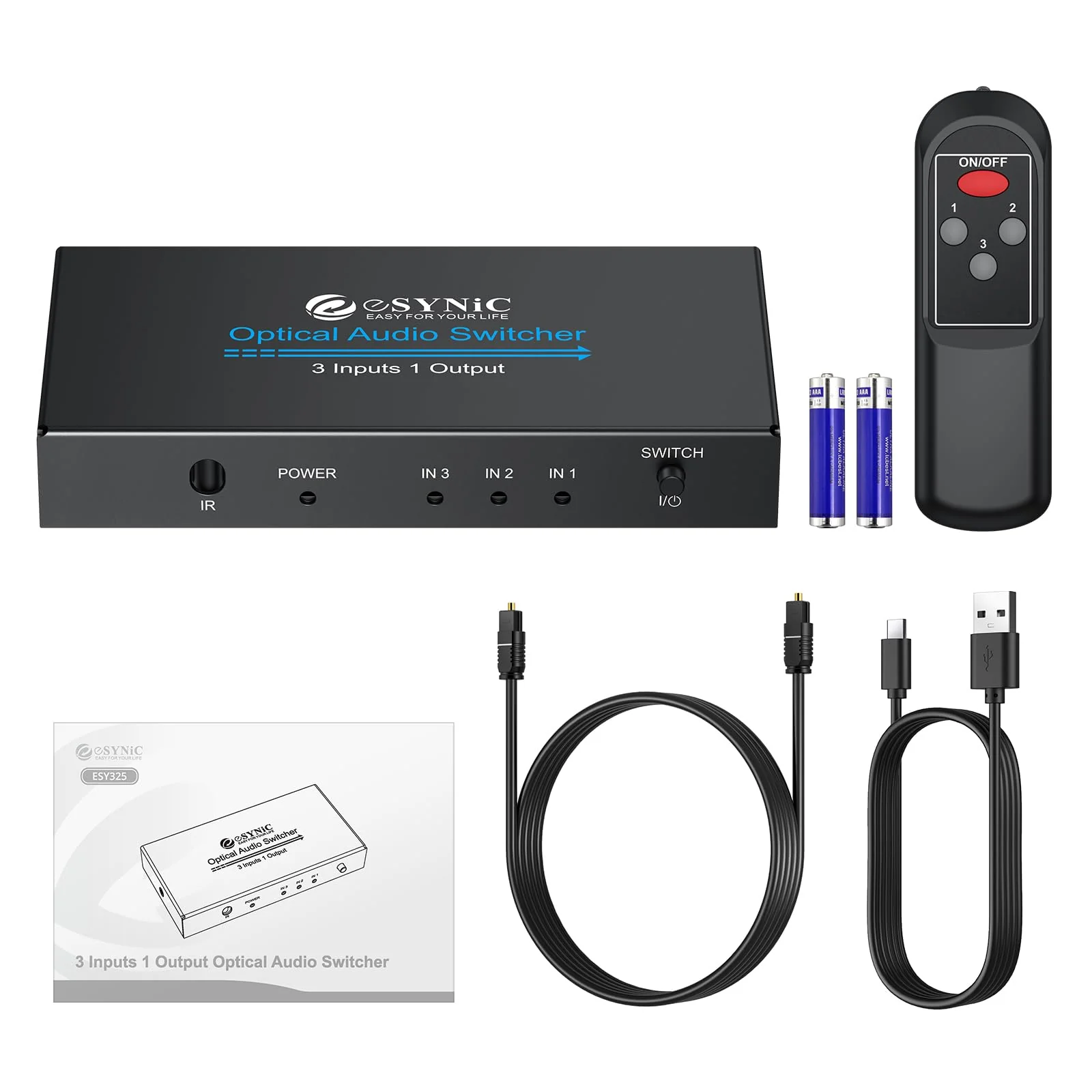eSynic Portable Digital Optical Audio Switcher 3 In1 Out SPDIF Switcher Aluminum Alloy TOSLINK Audio Switch with 3.28ft Optical Cable Support IR Remote Control from PS4 Blue-Ray DVD HDTV to Soundbar - Image 8