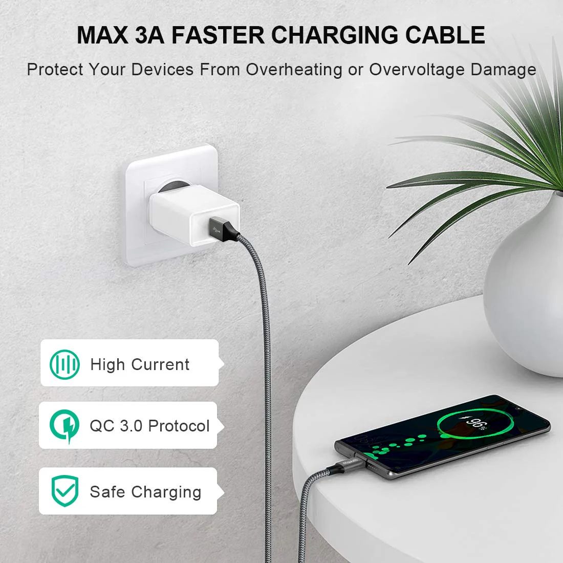 etguuds Long USB C Cable 10ft Fast Charging, 2-Pack Nylon Braided USB A to Type C Charger Cable Compatible with Samsung Galaxy Note 20/10/10+/9/8, S10 S10E, S20 S9 S8 Plus, A10e A20 A30 A40 A50 A70 Gray - Image 3