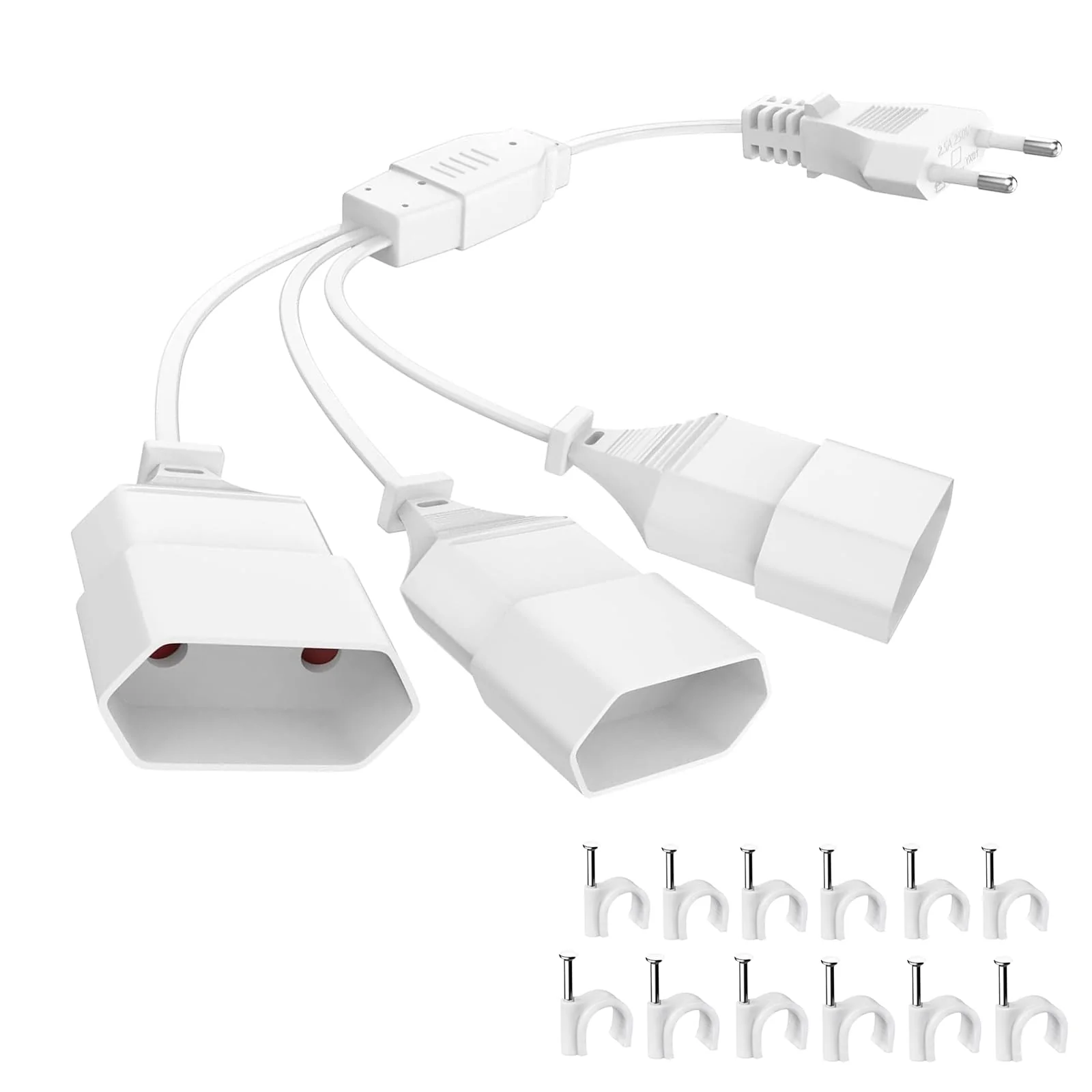 EU Extension Plug Extension Cable Euro Plug, 3-in-1 Socket Adapter with Flexible Cable, Euro Flat Power Cable Extension, 2 m EU Flat Plug Distributor, 250 V, White 3 in 1 socket adapter