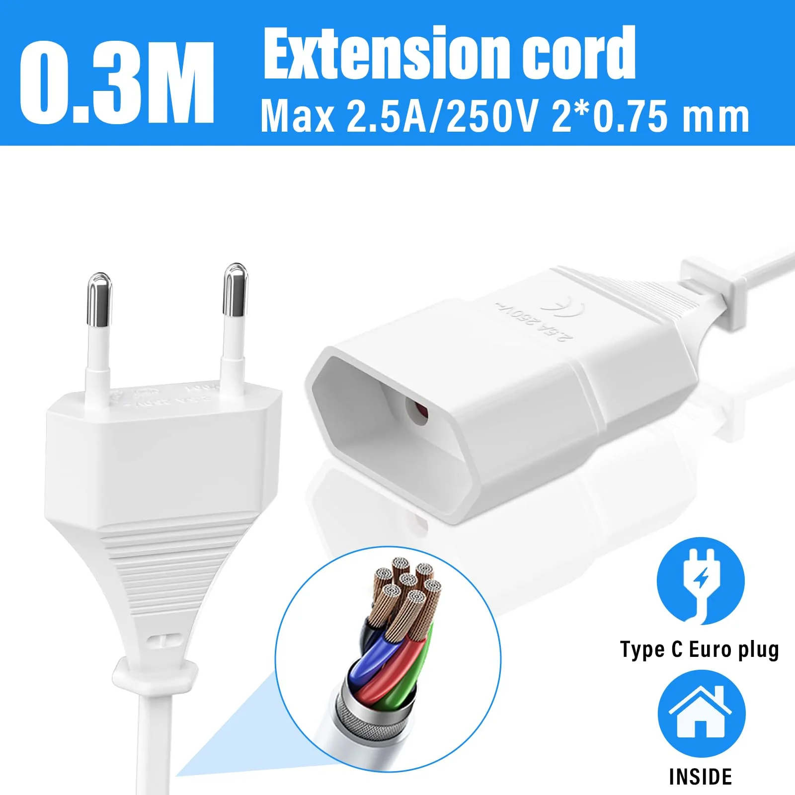 EU Extension Plug Extension Cable Euro Plug, 3-in-1 Socket Adapter with Flexible Cable, Euro Flat Power Cable Extension, 2 m EU Flat Plug Distributor, 250 V, White 3 in 1 socket adapter - Image 2