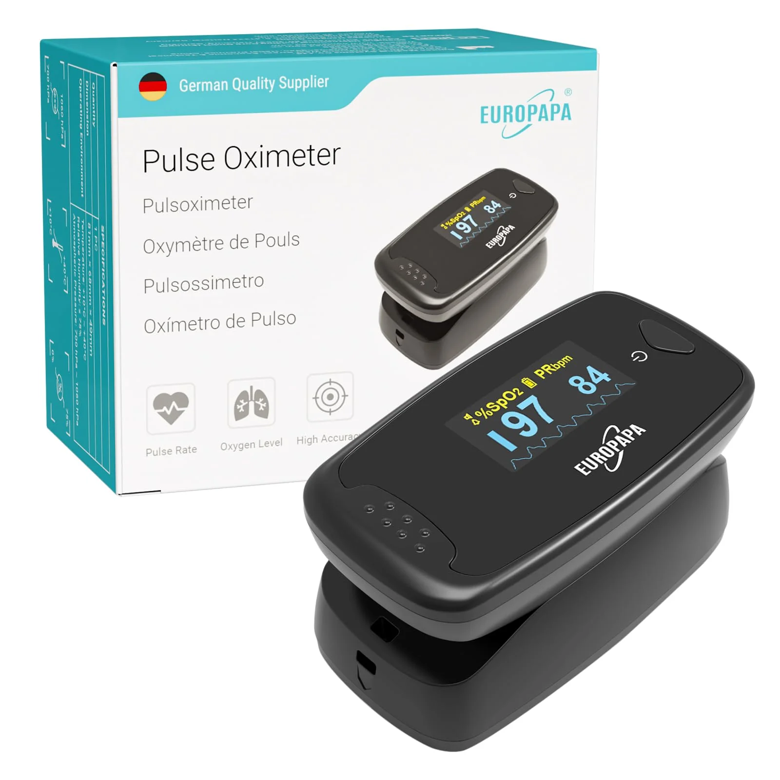 EUROPAPA Pulse Oximeter, Finger Pulse Oximeter, Ideal for Quick Measurement of Oxygen Saturation (SpO2), Simple Heart Rate Monitor for Adults, OLED Display (Black) black