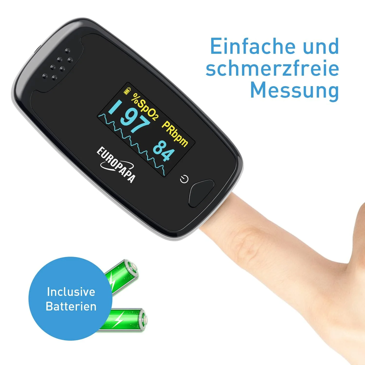 EUROPAPA Pulse Oximeter, Finger Pulse Oximeter, Ideal for Quick Measurement of Oxygen Saturation (SpO2), Simple Heart Rate Monitor for Adults, OLED Display (Black) black - Image 3
