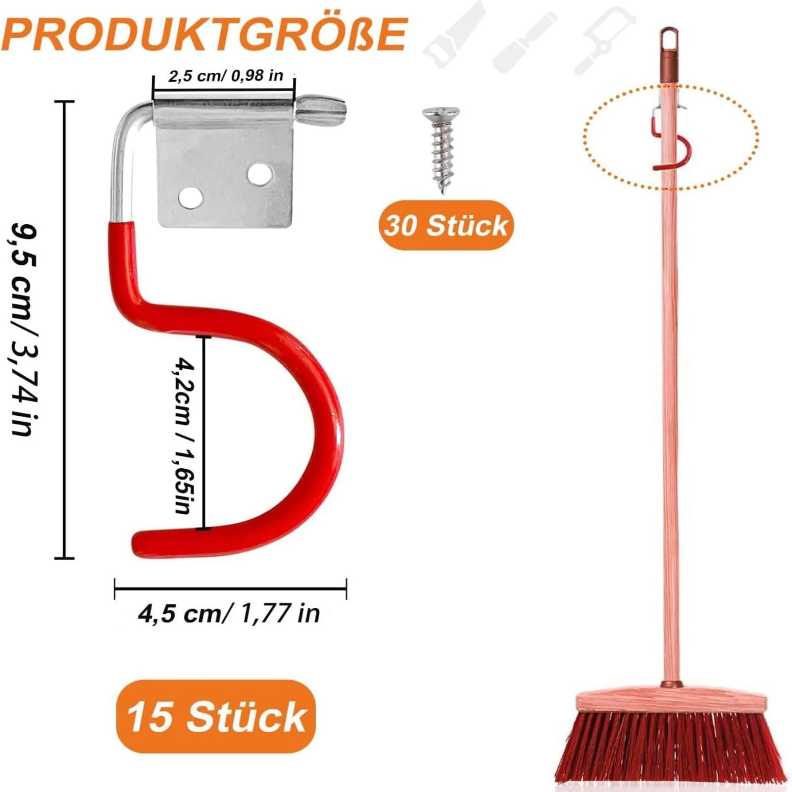 EVDZNA Metal Hook Tool Holder 15 Pieces, Red, Tool Holder, Broom Holder, Garden Tools Hanging, Multifunctional System, Holder for Garden Tools & Electrical Appliances, Metal Hooks, Rubberised Handle - Image 2