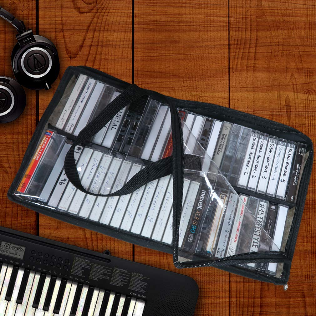 Evelots Cassette Tape Bag -See Thru Organizer Storage with Handles - Easy Carrying Case - No Dust or Moisture - Holds 50 Tapes with cases - Image 2