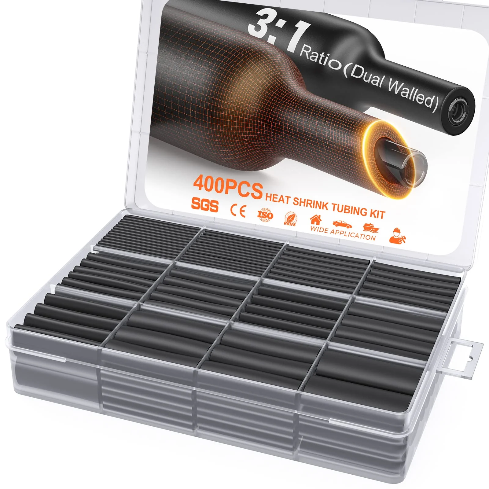 Eventronic 400-Piece Heat Shrink Tube Set, 3:1 Shrinkage, IP65 Waterproof Heat Shrink Tube with Adhesive, Total 40.5 m, Ideal for Electrical Insulation and Wire Connectors, Never Fade 400 Stück, 45mm