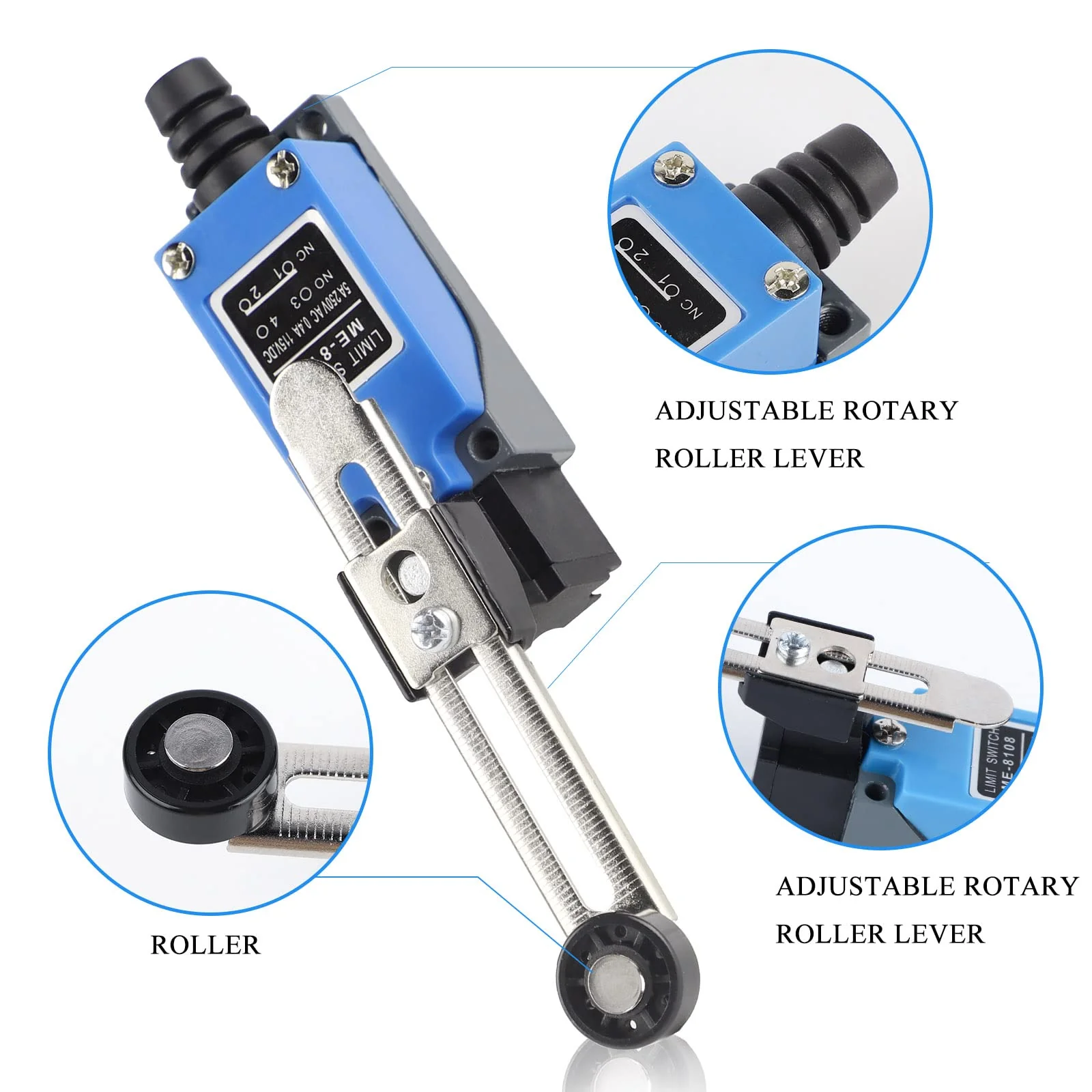 EXLECO 4 x Lever Limit Switch Adjustable Limit Switch with 5 cm Adjustable Roller Lever NO NC ME-8108 Limit Switch Self-Resetting Toggle Switch for CNC Router Plasma Electric Control Switch Pack of 4 - Image 6