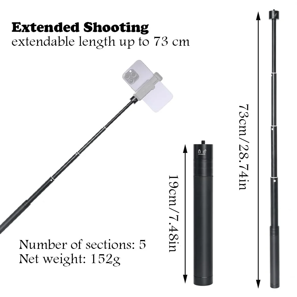 Extendable Selfie Stick Universal Invisible Selfie Stick Lightweight 19cm/7.48in to 73cm/28.74in Smartphone Gimbal Extension Pole for Camera Video Smartphone Travel - Image 2