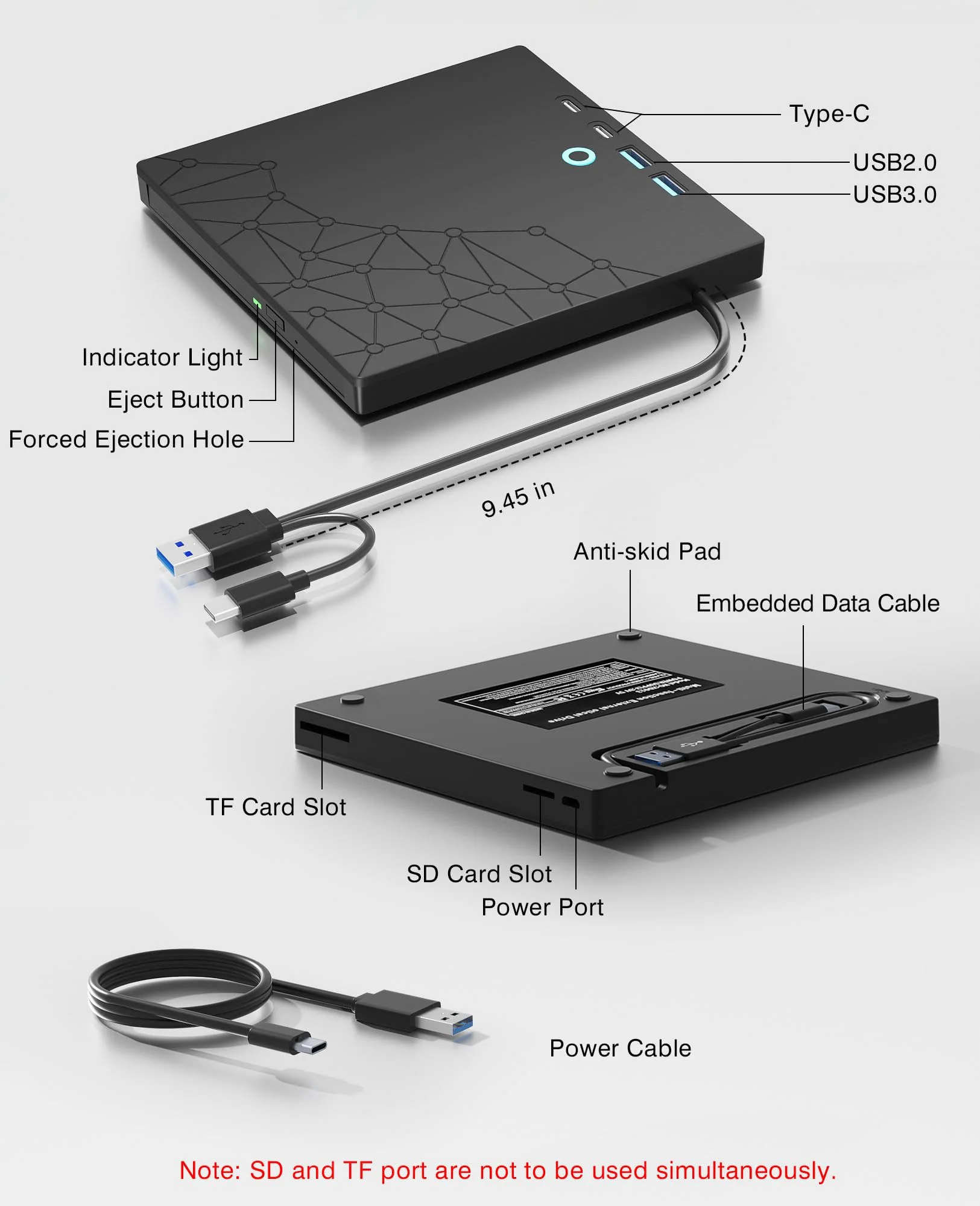 External CD/DVD Drive for Laptop, DVD Burner CD Reader for Laptop, 8-in-1 USB 3.0 Portable CD Players with SD/TF Ports, External Disk Drive Optical for MacBook Windows 11 10 PC Linux OS Black - Image 5