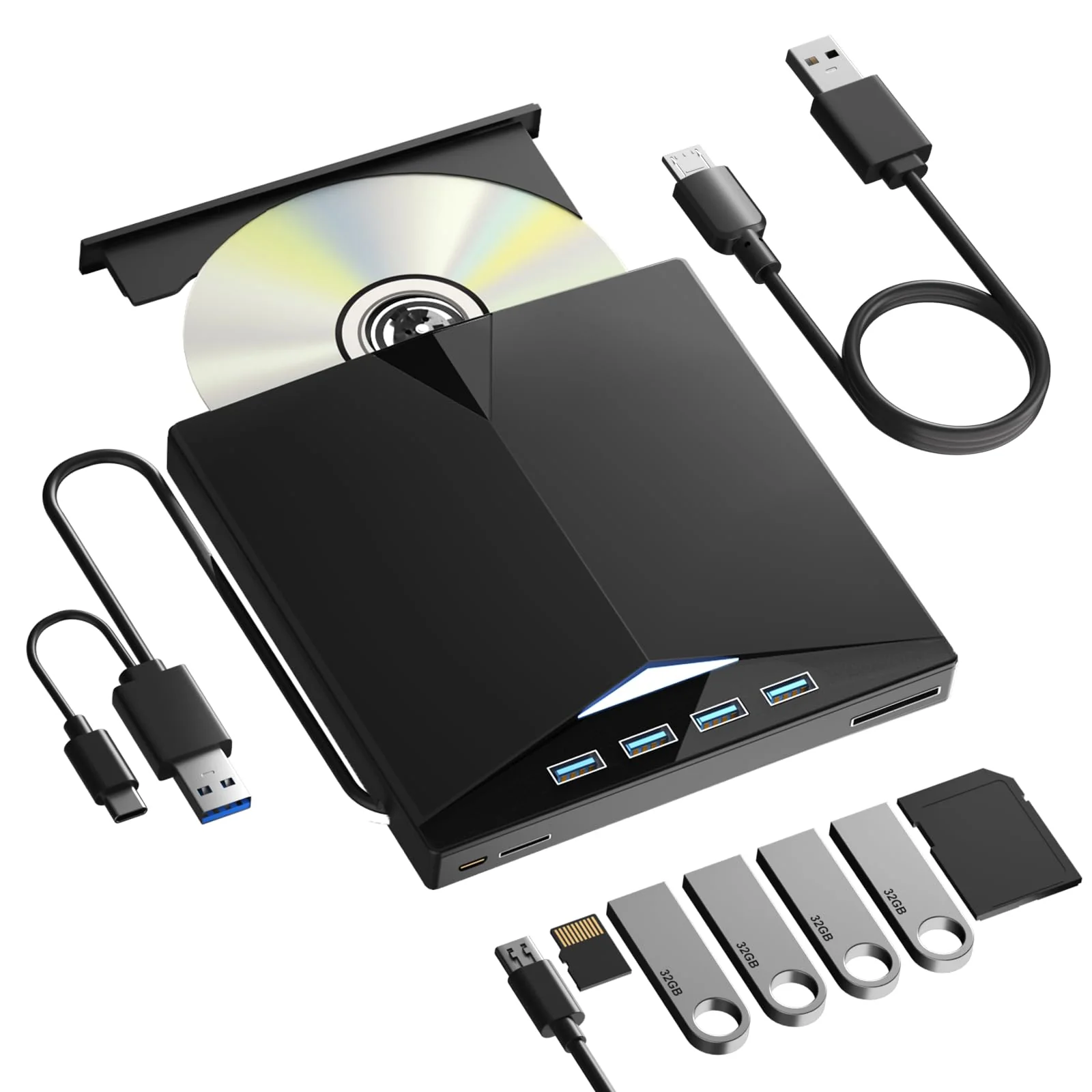 External CD/DVD Drive for PC, Portable 7 in1 USB 3.0 CD Drive External Usb, CD Reader for PC CD Burner with 4 USB Ports and TF/SD Card Slots, External Dvd Burner for Windows 11/10/8/7/XP/Linux/MacOS 7 in 1
