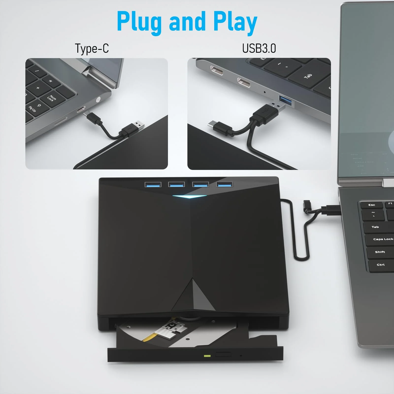 External CD/DVD Drive for PC, Portable 7 in1 USB 3.0 CD Drive External Usb, CD Reader for PC CD Burner with 4 USB Ports and TF/SD Card Slots, External Dvd Burner for Windows 11/10/8/7/XP/Linux/MacOS 7 in 1 - Image 4