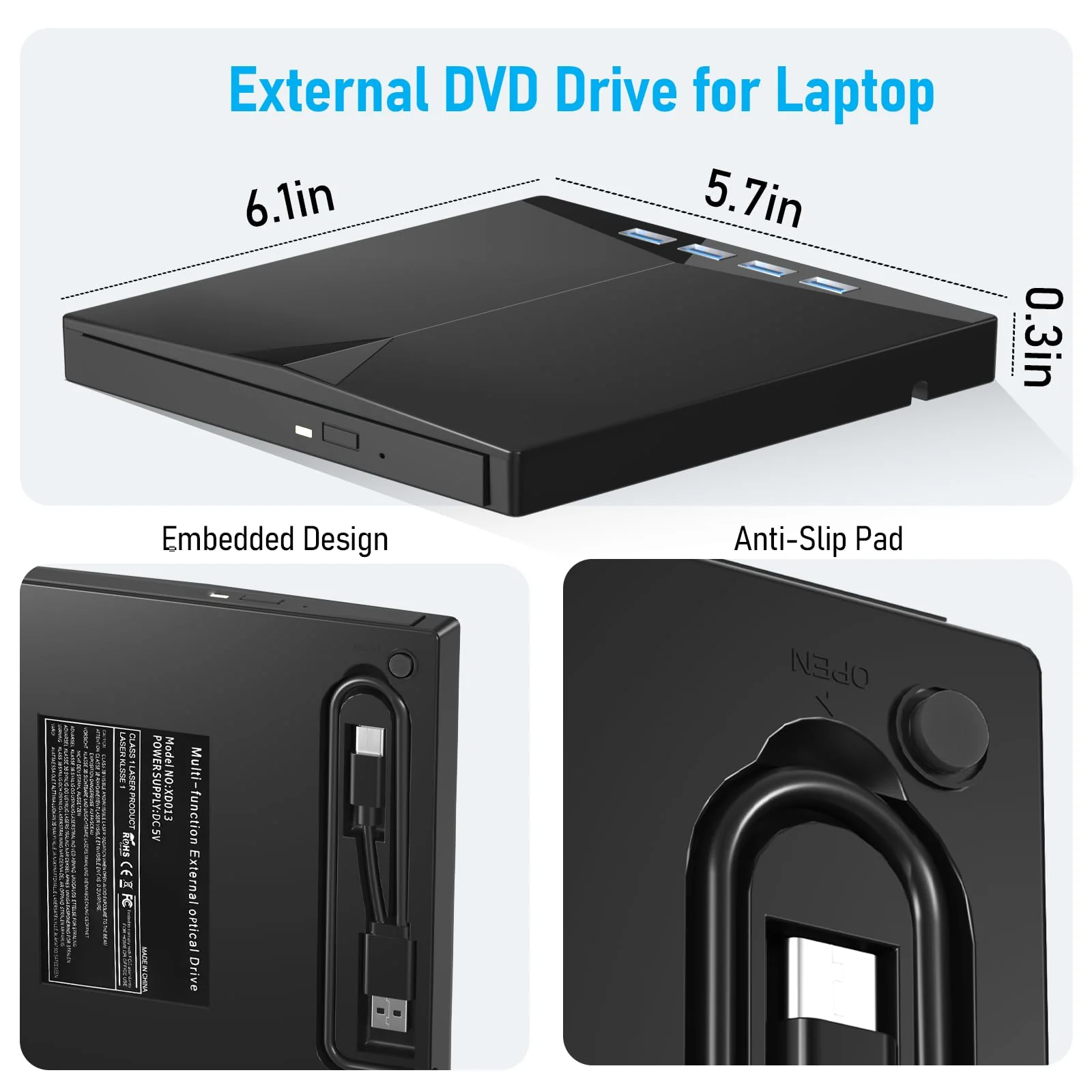 External CD/DVD Drive for PC, Portable 7 in1 USB 3.0 CD Drive External Usb, CD Reader for PC CD Burner with 4 USB Ports and TF/SD Card Slots, External Dvd Burner for Windows 11/10/8/7/XP/Linux/MacOS 7 in 1 - Image 5