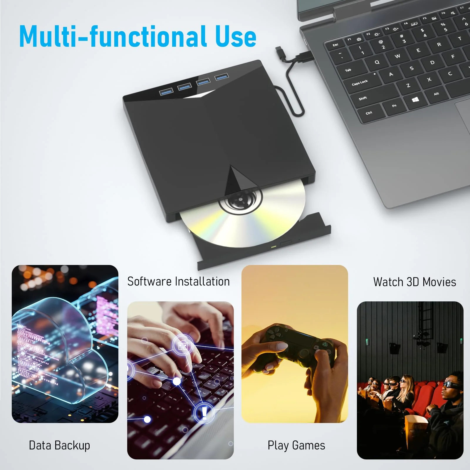 External CD/DVD Drive for PC, Portable 7 in1 USB 3.0 CD Drive External Usb, CD Reader for PC CD Burner with 4 USB Ports and TF/SD Card Slots, External Dvd Burner for Windows 11/10/8/7/XP/Linux/MacOS 7 in 1 - Image 7