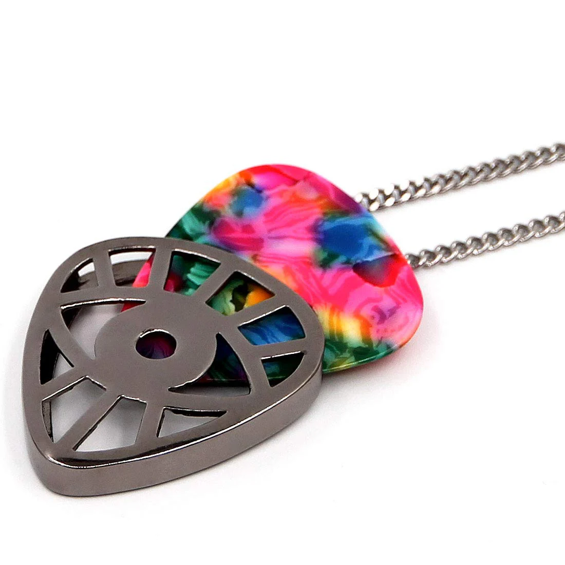Eye Shaped Guitar Pick Holder Necklace for Guitarists/guitar picks keeper storage pendant necklace stainless steel music lovers musicians gifts (Metal Black) Metal Black