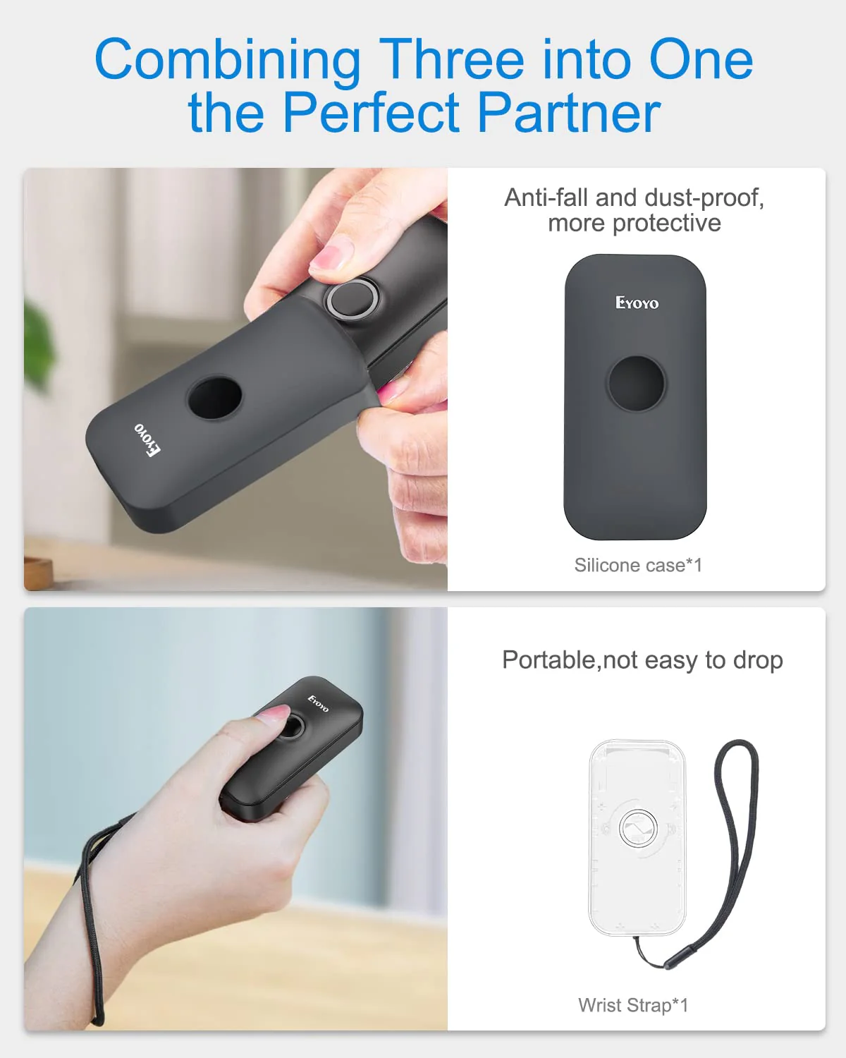 Eyoyo Mini 1D Bluetooth Barcode Scanner with Case, 3-in-1 Bluetooth & USB Wired & 2.4G Wireless Barcode Reader Portable Bar Code Scanning Work with Windows, Android, iOS, Tablets or Computers(Black) Black - Image 2