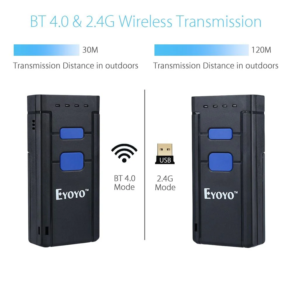 Eyoyo Mini 1D Wireless Barcode Scanner Bluetooth,3-in-1 Bluetooth&2.4G Wireless&Wired Connection, Portable Inventory Bar Code Reader Compatible with iPhone, Android, Windows, Mac Tablets or Computers - Image 2