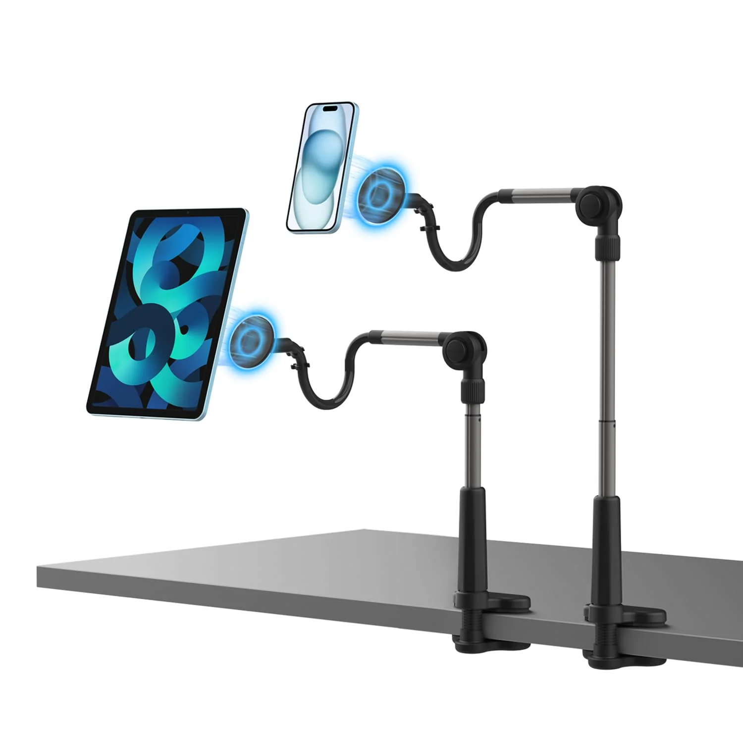 EZpod Magnetic Tablet & Cell Phone Holder Mount for Bedstand | Desktop Compatible with MagSafe for iPhone 15 14 13 Pro Max Mini with 360° Rotation and Flexible Gooseneck Tabletop Clamp Stand