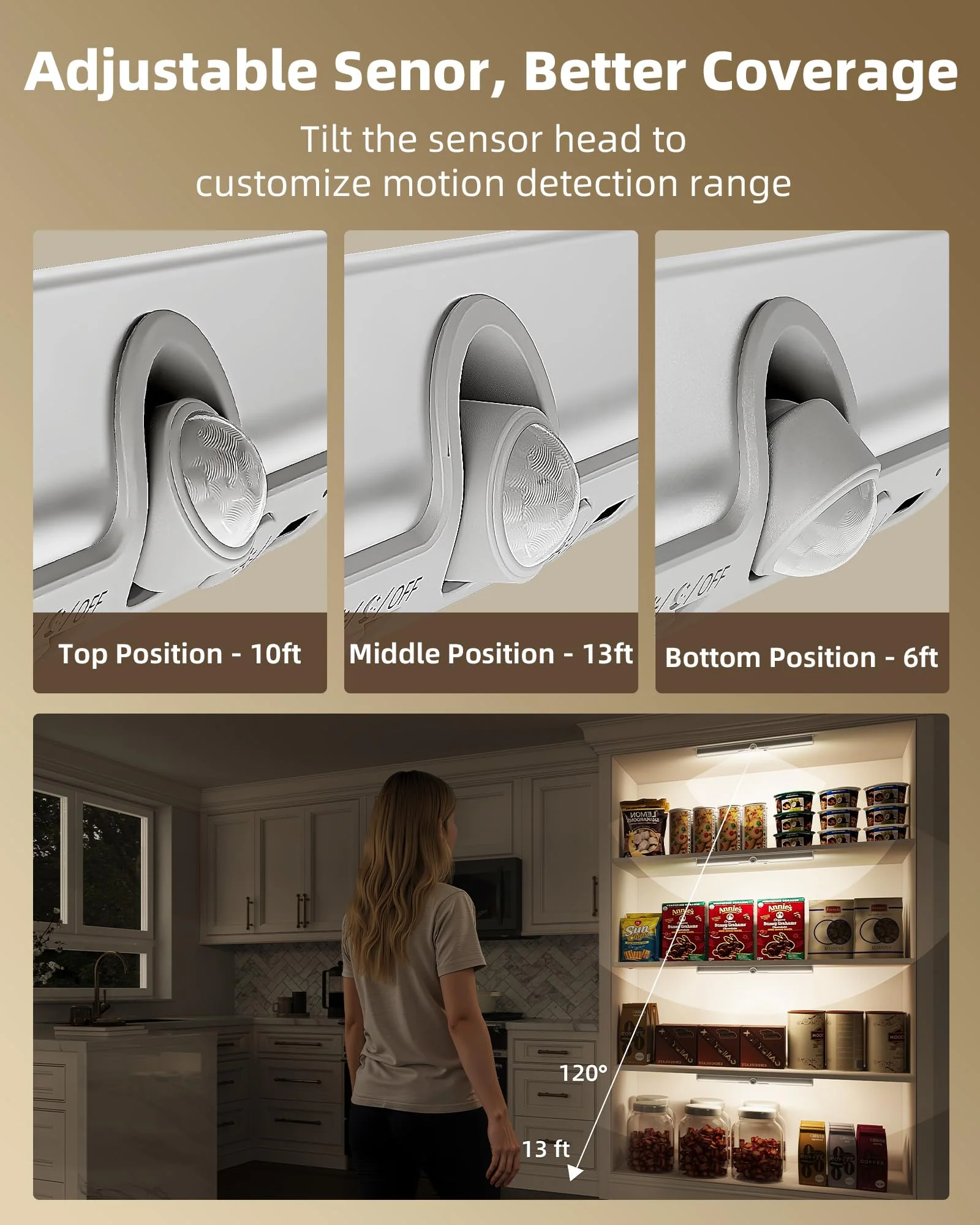 EZVALO 13-inch Motion Sensor Closet Light with Eye-Protection Design, 1800mAh Rechargeable Under Cabinet Lighting, 3 Color Temps Night Light for Pantry, Closet - 3 Pack 13inch - Image 3