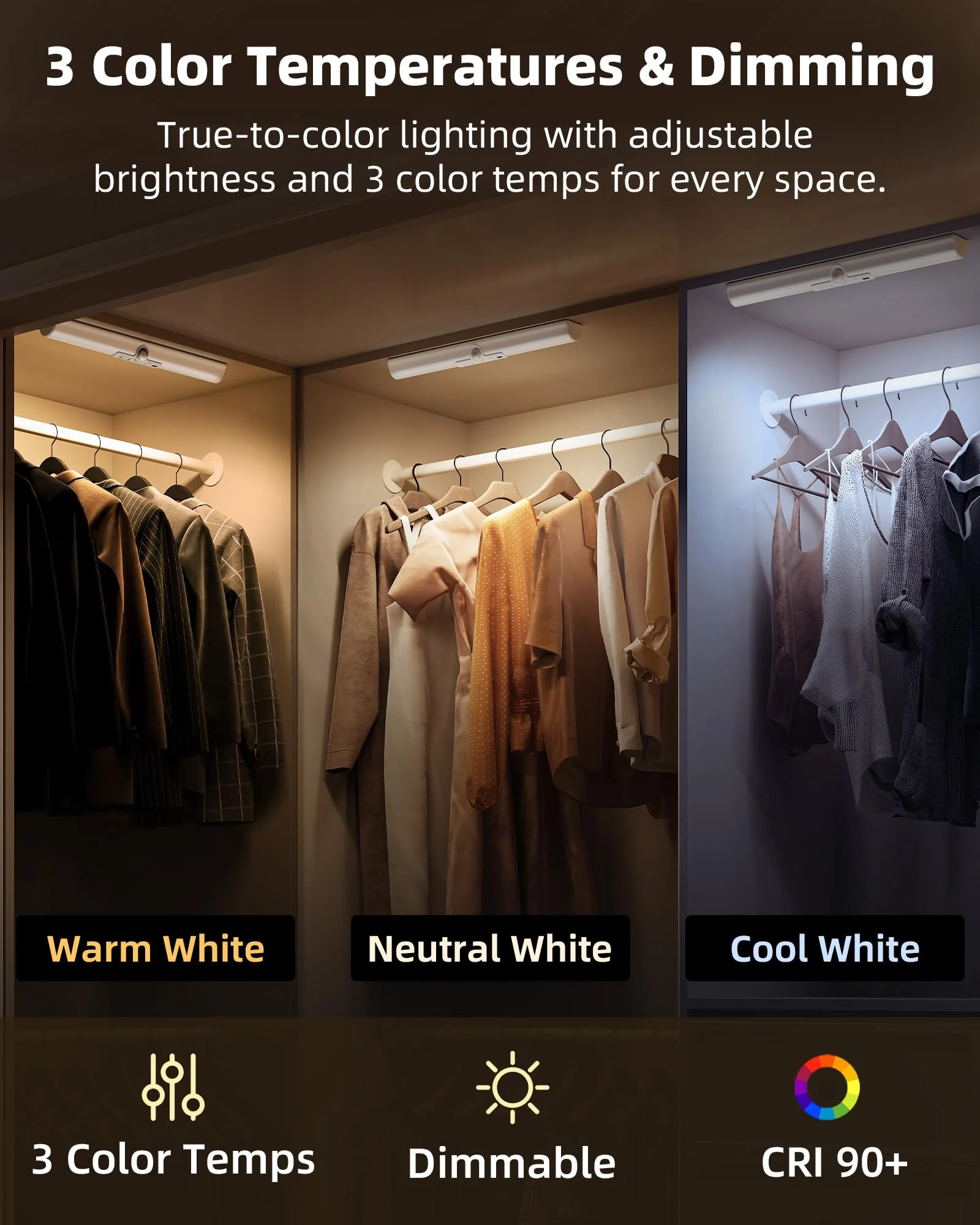 EZVALO 13-inch Motion Sensor Closet Light with Eye-Protection Design, 1800mAh Rechargeable Under Cabinet Lighting, 3 Color Temps Night Light for Pantry, Closet - 3 Pack 13inch - Image 5