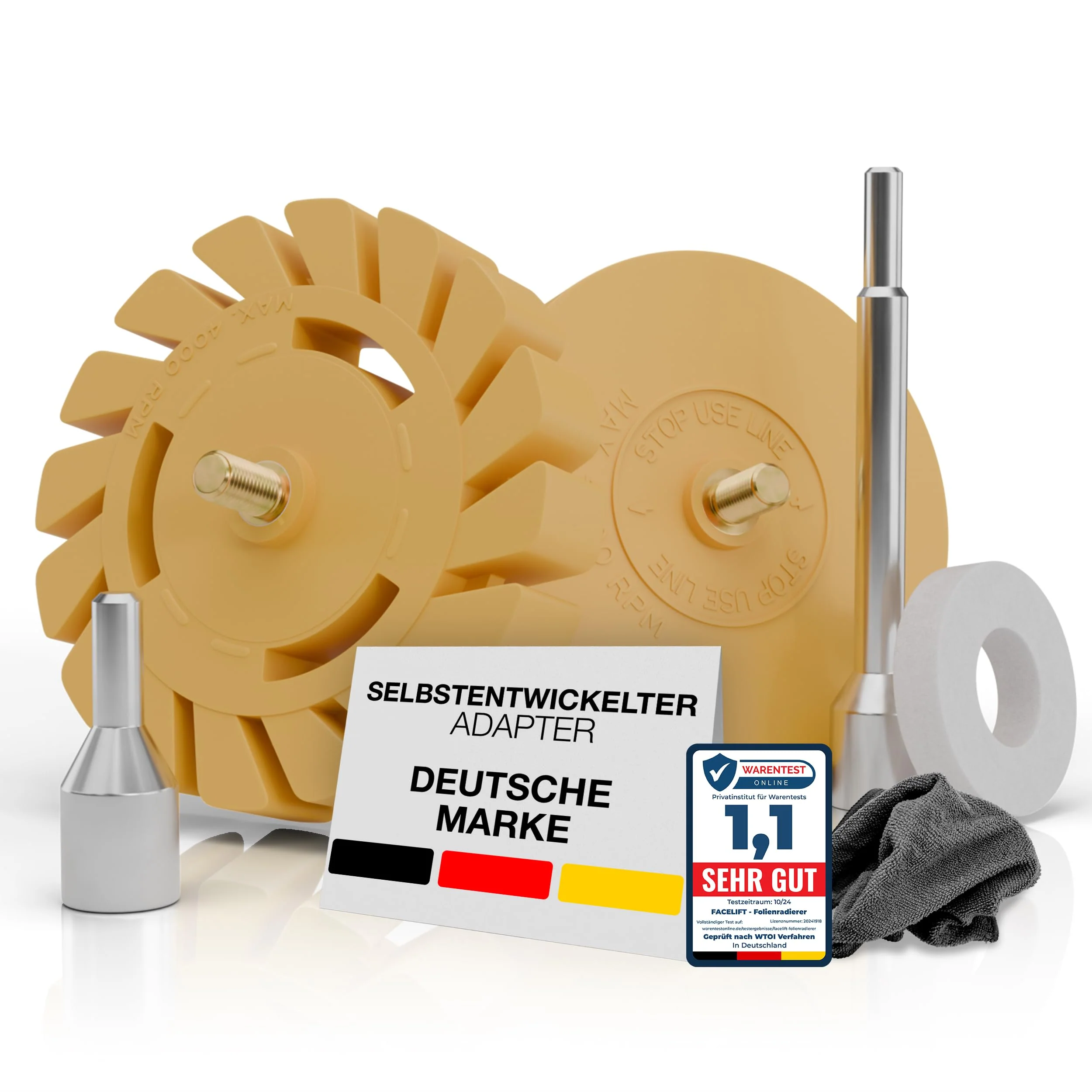 FACELIFT Foil Eraser Set - Diameter 90 mm Sticker Remover + Diameter 100 mm Blade Eraser - Extra ProReach Adapter + Protective Ring + Microfibre Cloth - Ideal for Removing Adhesive Residues