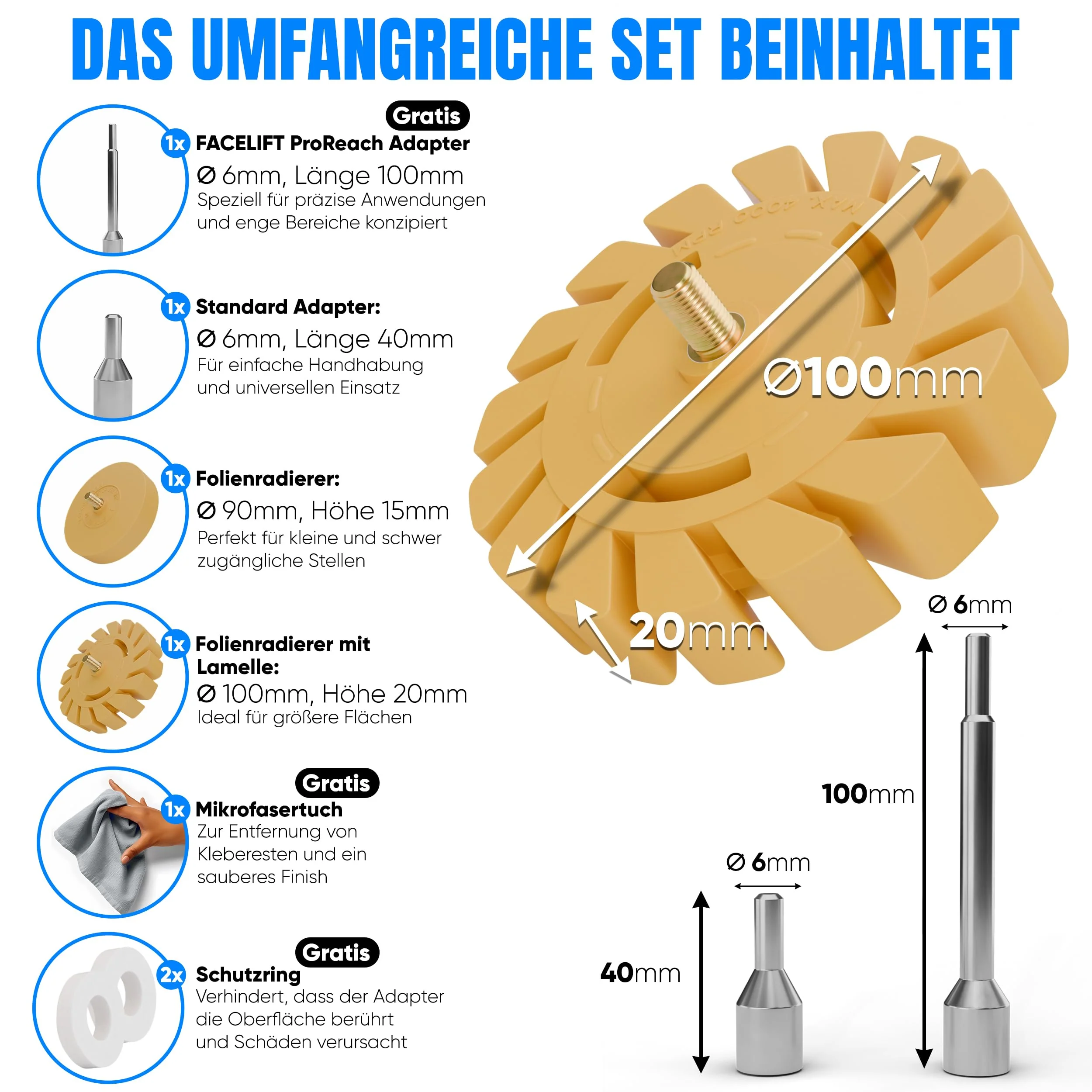 FACELIFT Foil Eraser Set - Diameter 90 mm Sticker Remover + Diameter 100 mm Blade Eraser - Extra ProReach Adapter + Protective Ring + Microfibre Cloth - Ideal for Removing Adhesive Residues - Image 7