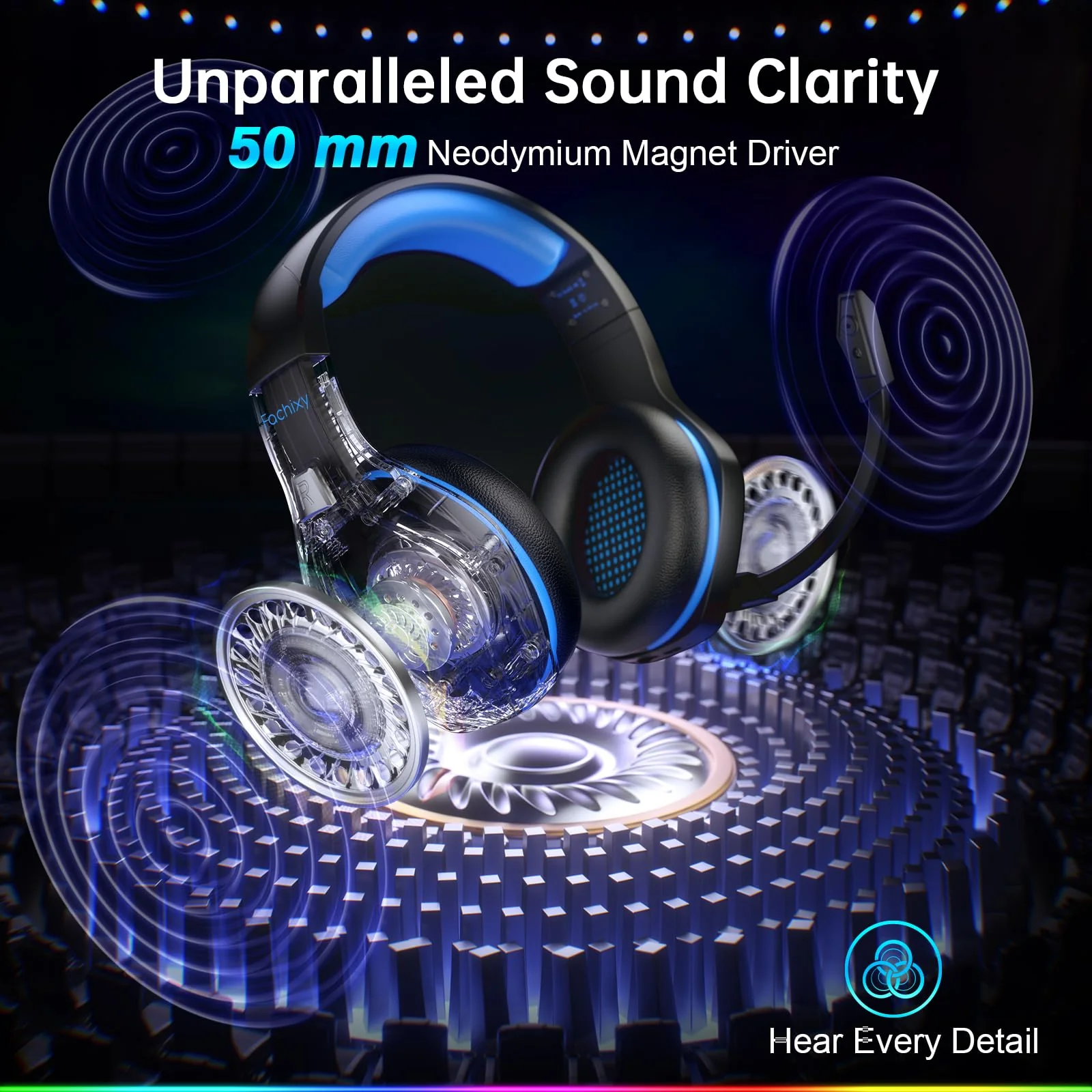 Fachixy FC-100 Wireless Gaming Headset for PS5, PS4, Switch - Gaming Headphones with Lossless Audio & 50Hrs Battery Life - Gamer Headset with Microphone for Mac, Laptop, Mobile Blue - Image 2