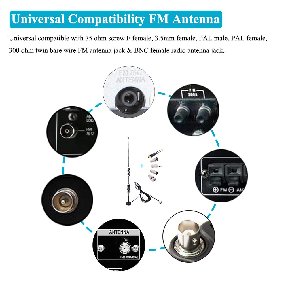 Fancasee Universal FM Antenna Magnetic Base 75 Ohm Screw F Male Plug with PAL BNC 3.5mm & 75 to 300 Ohm Adapter Connector Coax Coaxial Cable FM Radio Antenna for AV Home Stereo Receiver Indoor - Image 2
