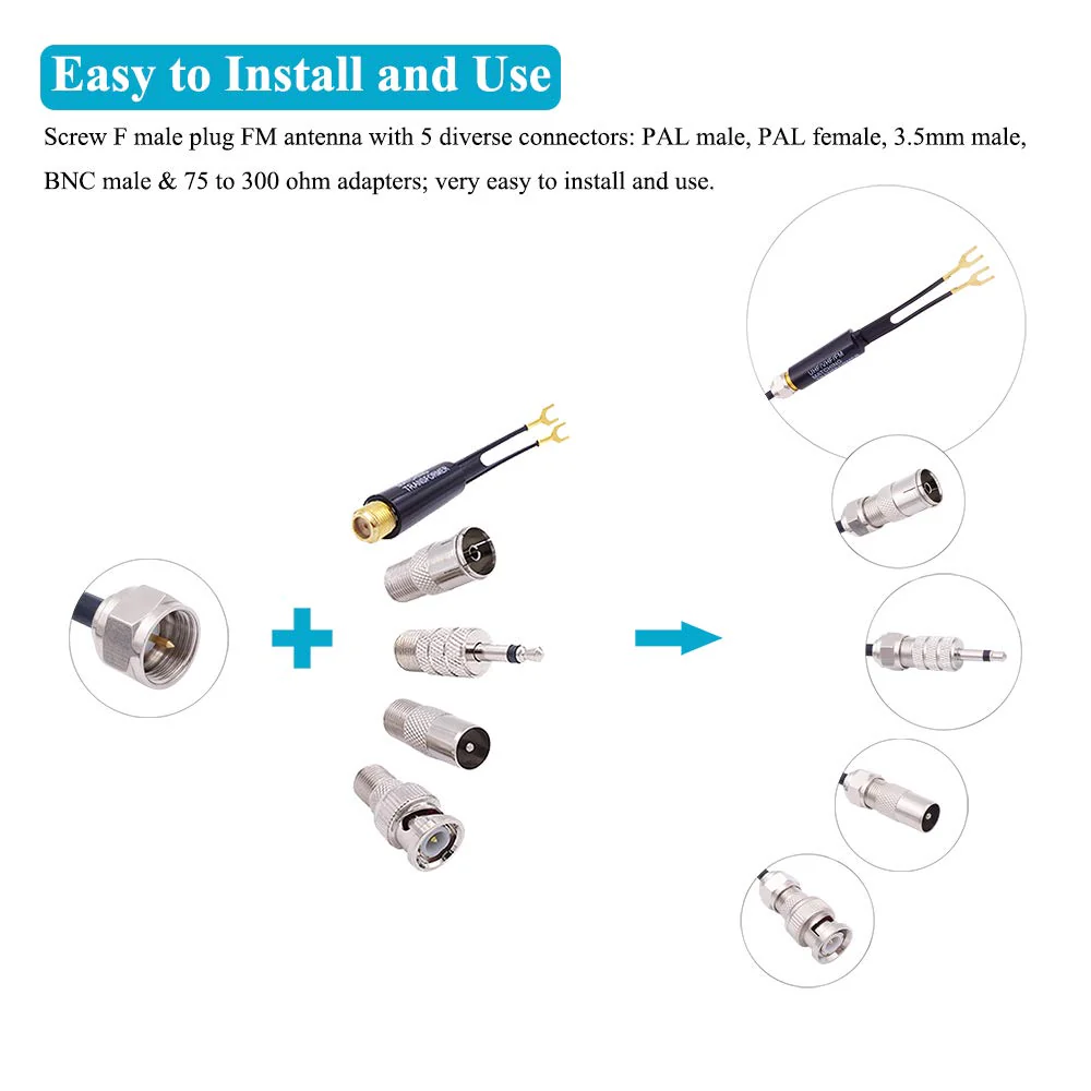 Fancasee Universal FM Antenna Magnetic Base 75 Ohm Screw F Male Plug with PAL BNC 3.5mm & 75 to 300 Ohm Adapter Connector Coax Coaxial Cable FM Radio Antenna for AV Home Stereo Receiver Indoor - Image 3
