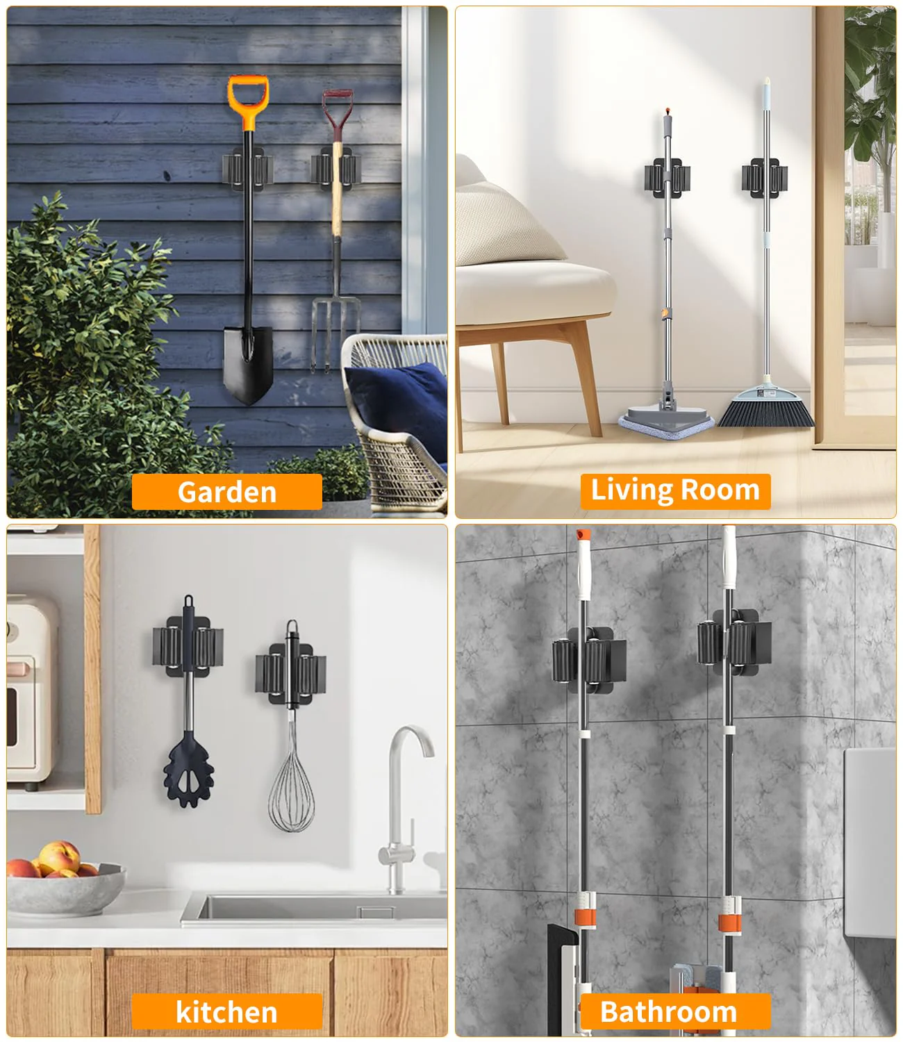 FAOKZE Pack of 12 Stainless Steel Mop Holder, Broom Holder Wall, Broom Holder, Tool Holder, Wall Mount, Stainless Steel Wall Mount, Garden Tool Holder, (24 Screws), for Kitchen, Home, Bathroom Black 12pcs - Image 7