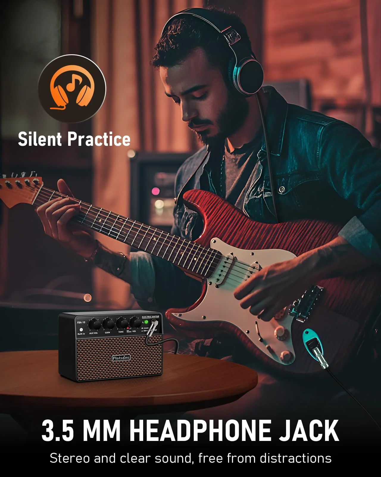 FBA-10 Guitar Amp, 10W Mini Electric Guitar Amplifier with Clean/Drive Channel, 6H Working, USB-C Rechargeable, 3.5mm Headphone/AUX Jack, Wireless Portable Amp for Indoor Practice, Traveling Black - Image 8