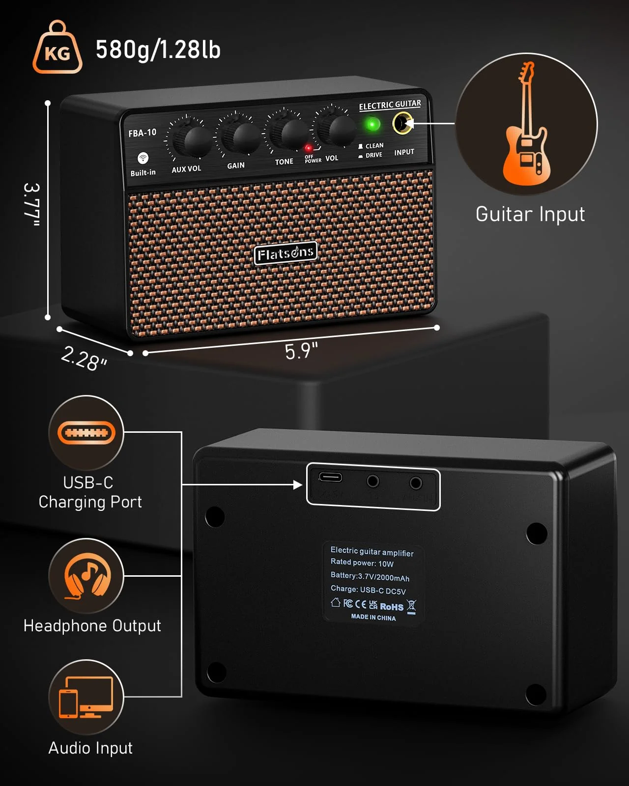 FBA-10 Guitar Amp, 10W Mini Electric Guitar Amplifier with Clean/Drive Channel, 6H Working, USB-C Rechargeable, 3.5mm Headphone/AUX Jack, Wireless Portable Amp for Indoor Practice, Traveling Black - Image 9